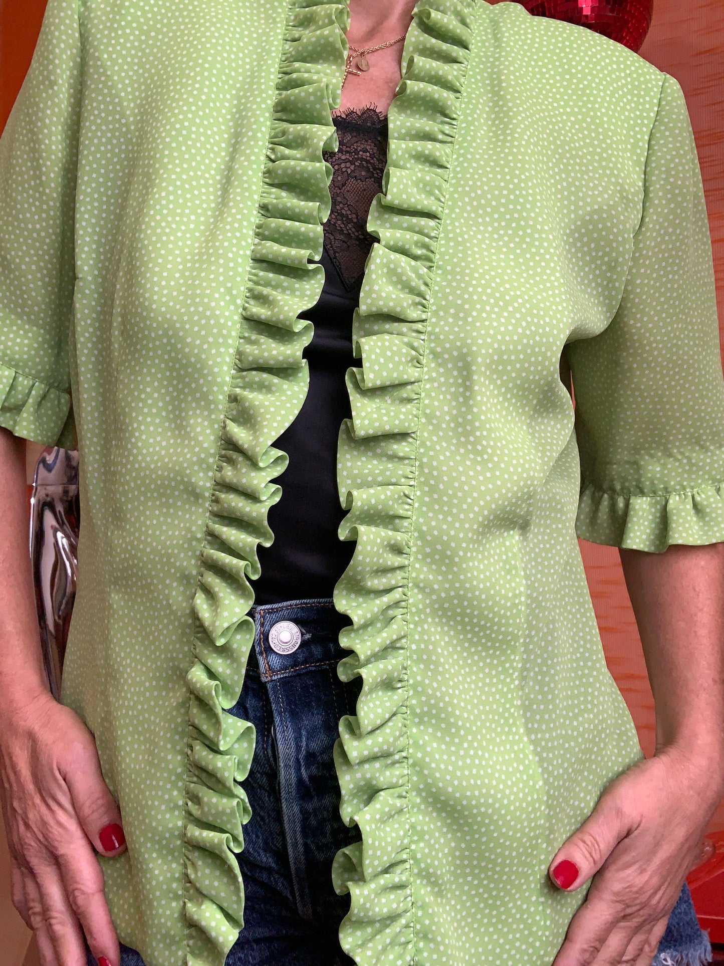 Veste Chemisier Frous Frous et petits pois vert vif Vintage France Original