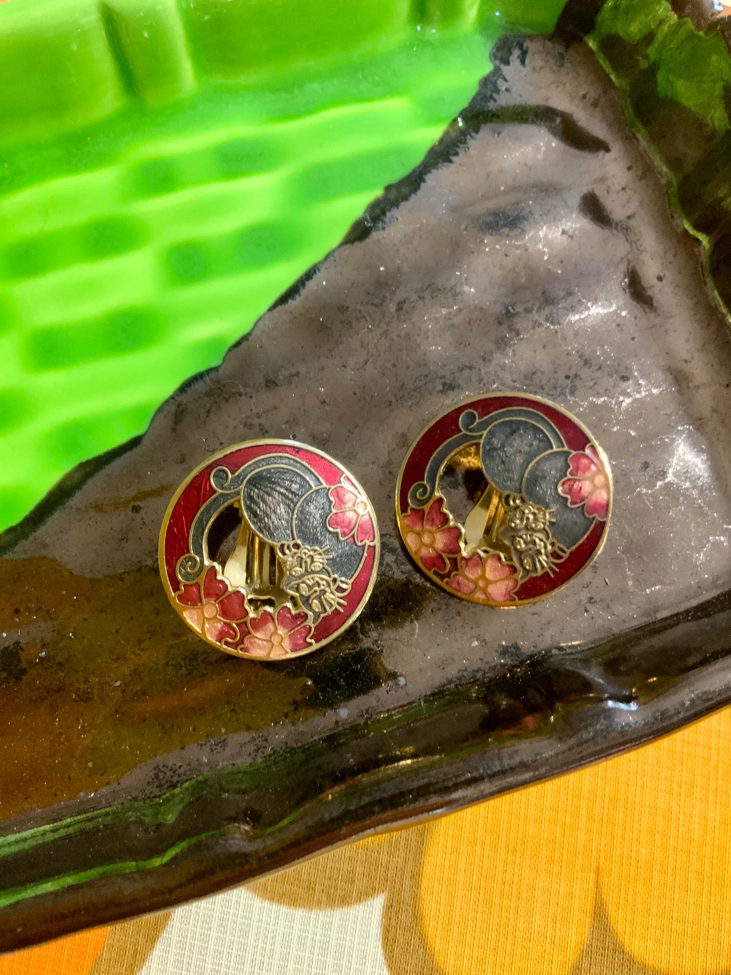 Boucles d’oreilles Cloisonnées Motifs chats et fleurs - Vintage