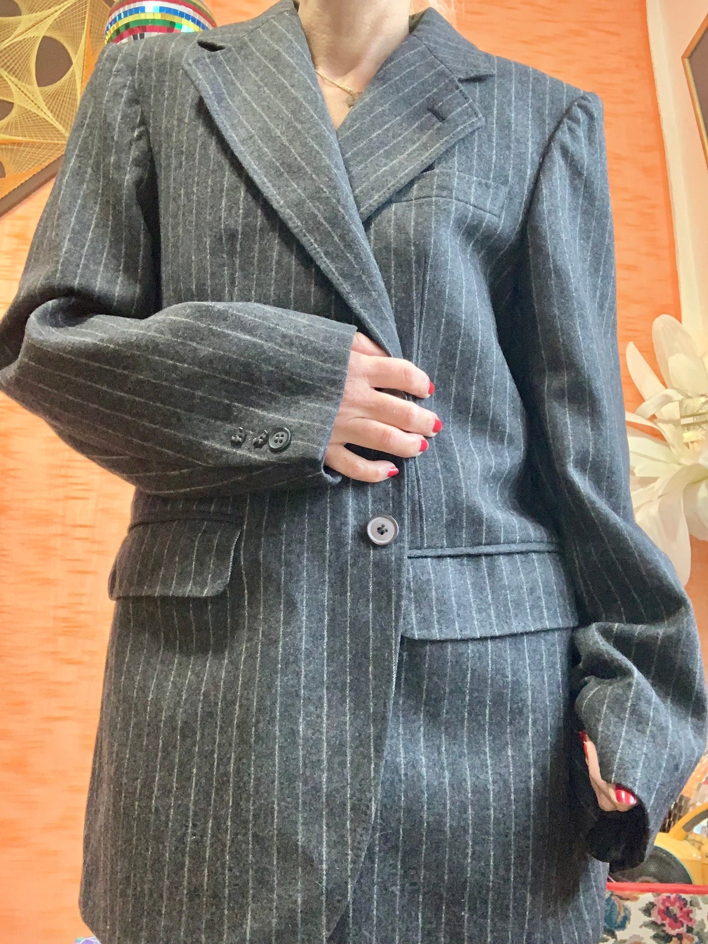 Veste Droite Pure Laine Woolmark à rayures Vintage Épaulettes Blazer