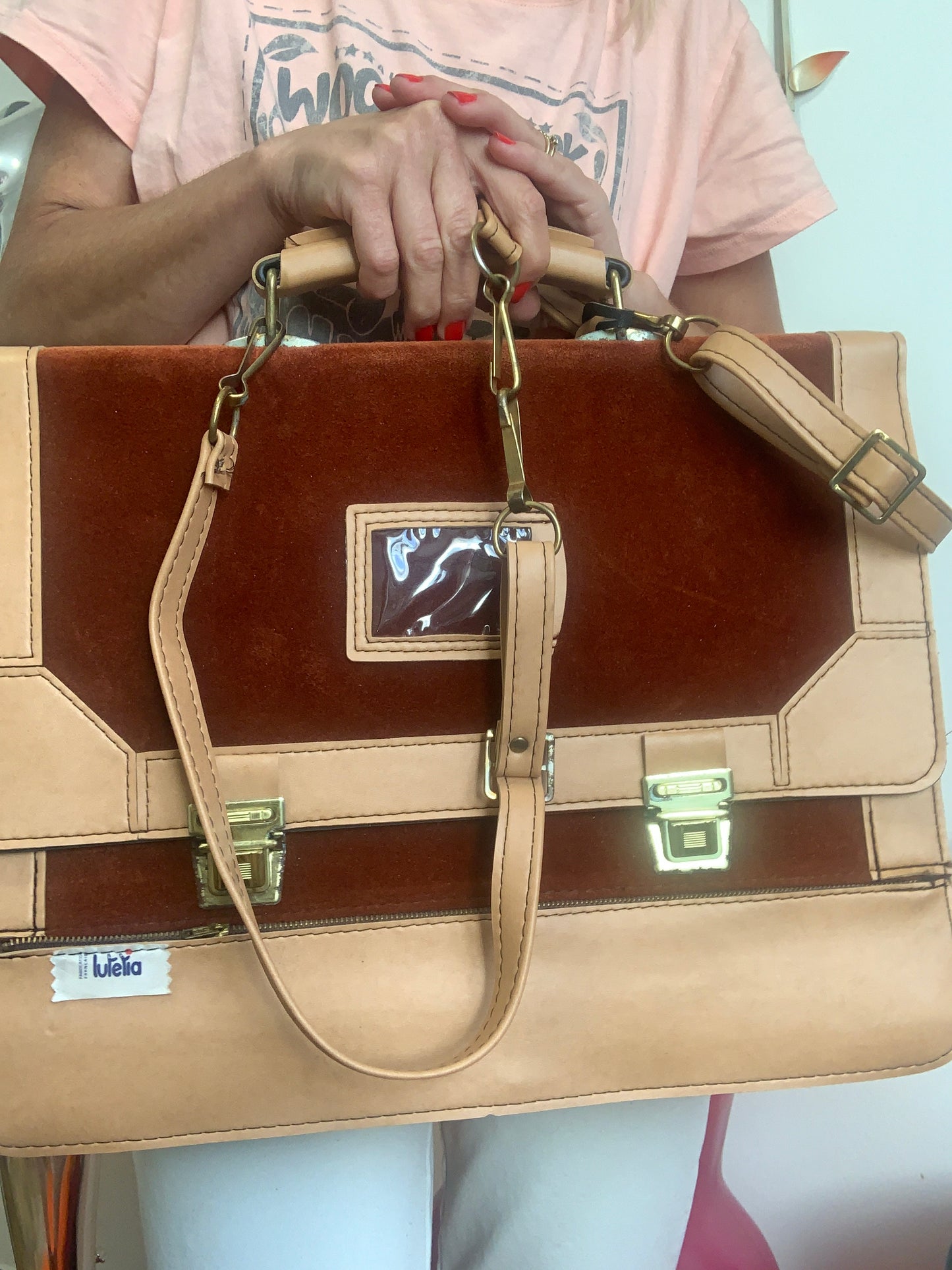 Sac Cartable Velours Marron Bordeaux Vintage 1980