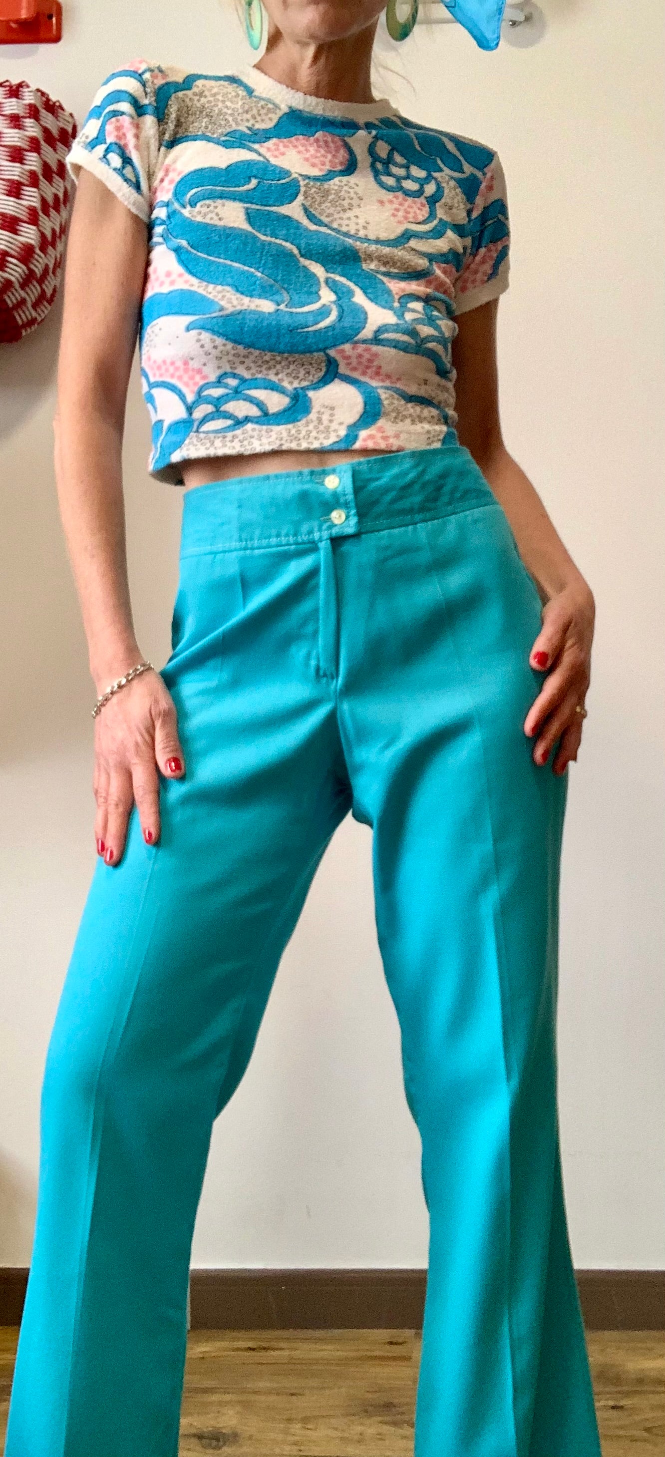 Pantalon pattes d’éléphant Bleu Turquoise Vintage 1970