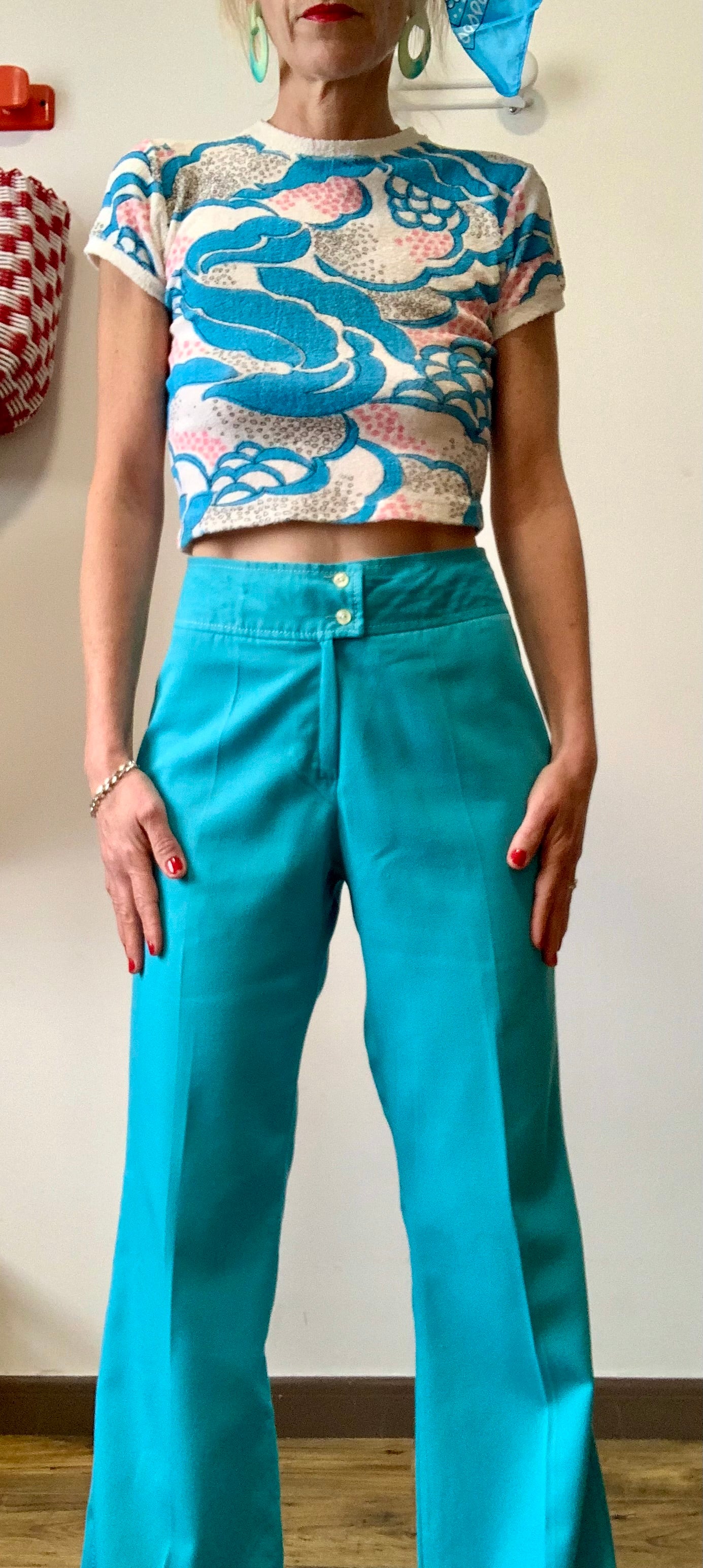 Pantalon pattes d’éléphant Bleu Turquoise Vintage 1970