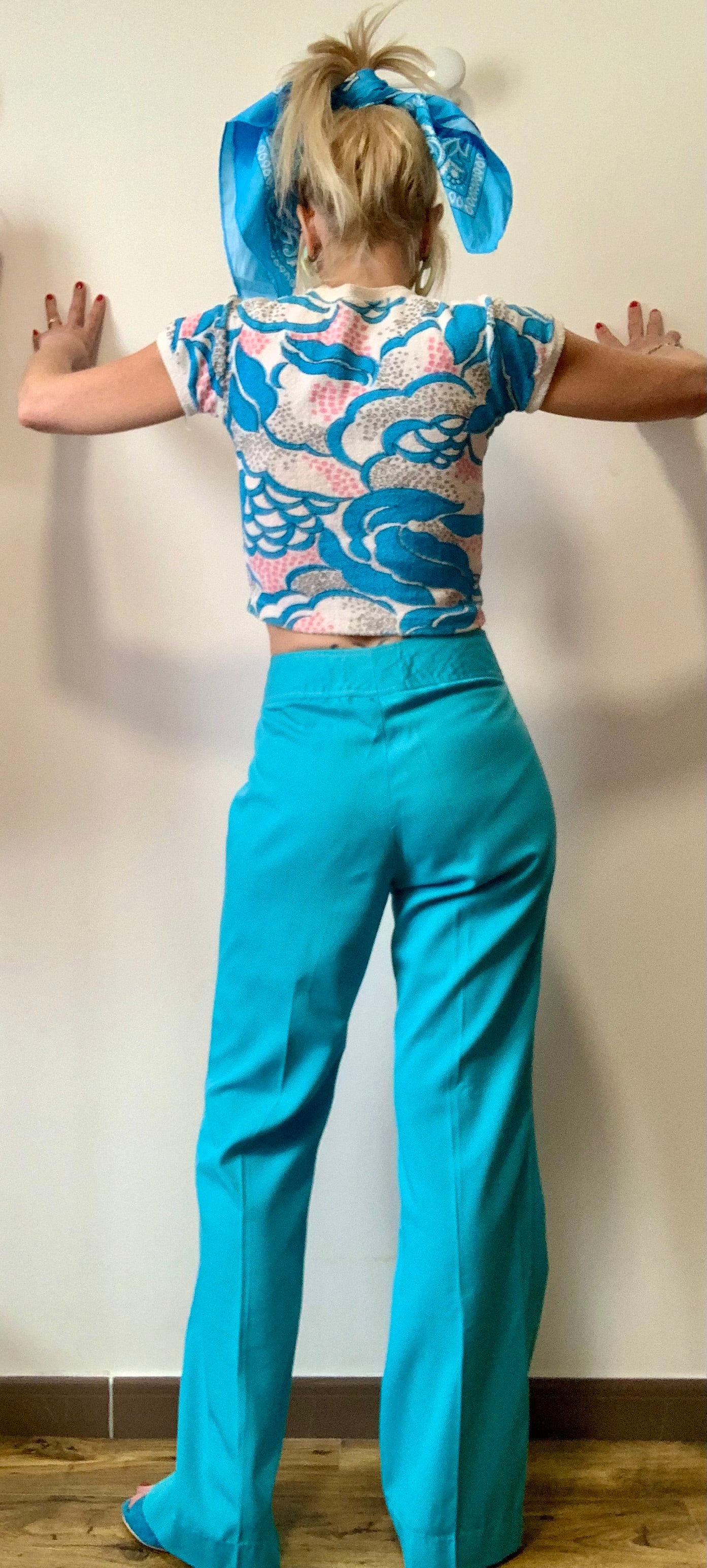 Pantalon pattes d’éléphant Bleu Turquoise Vintage 1970