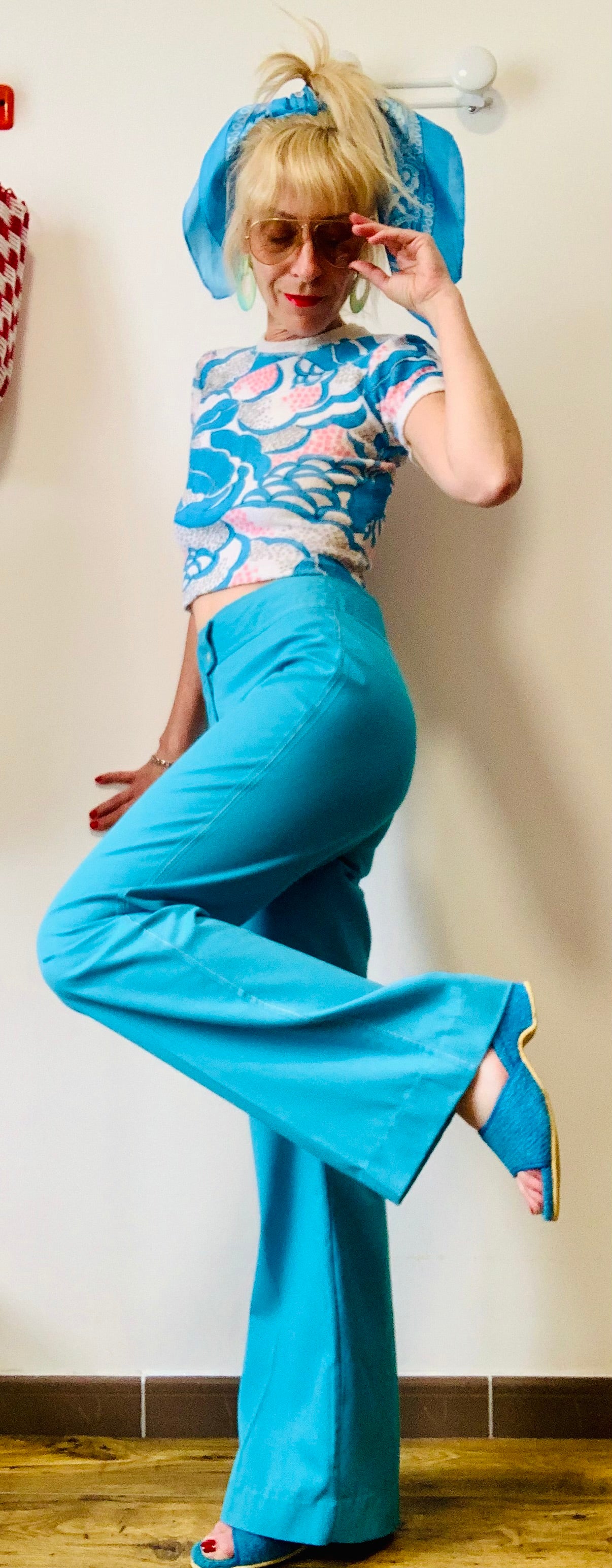 Pantalon pattes d’éléphant Bleu Turquoise Vintage 1970