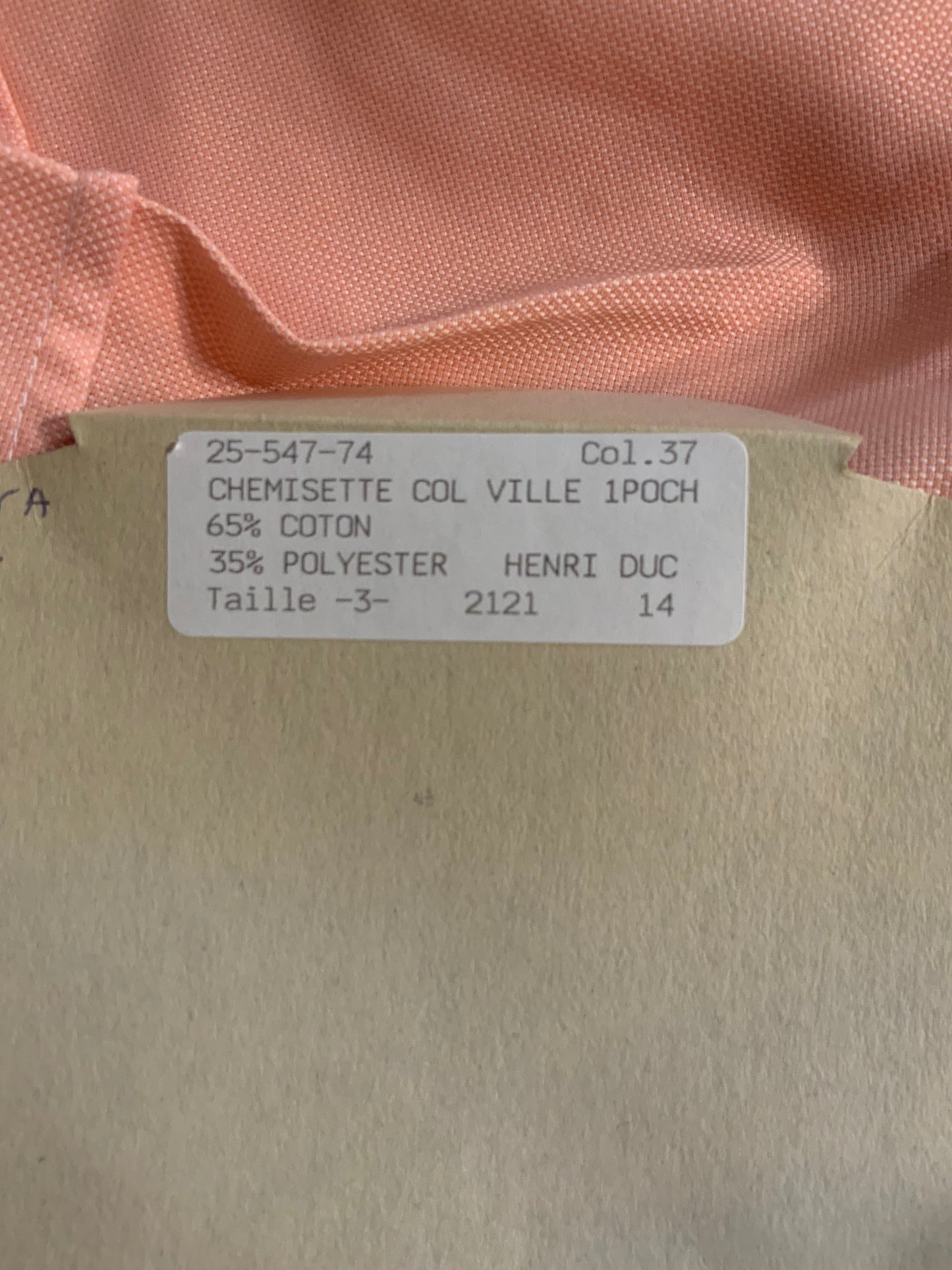 Chemisette couleur abricot Henri Duc Deadstock 1980