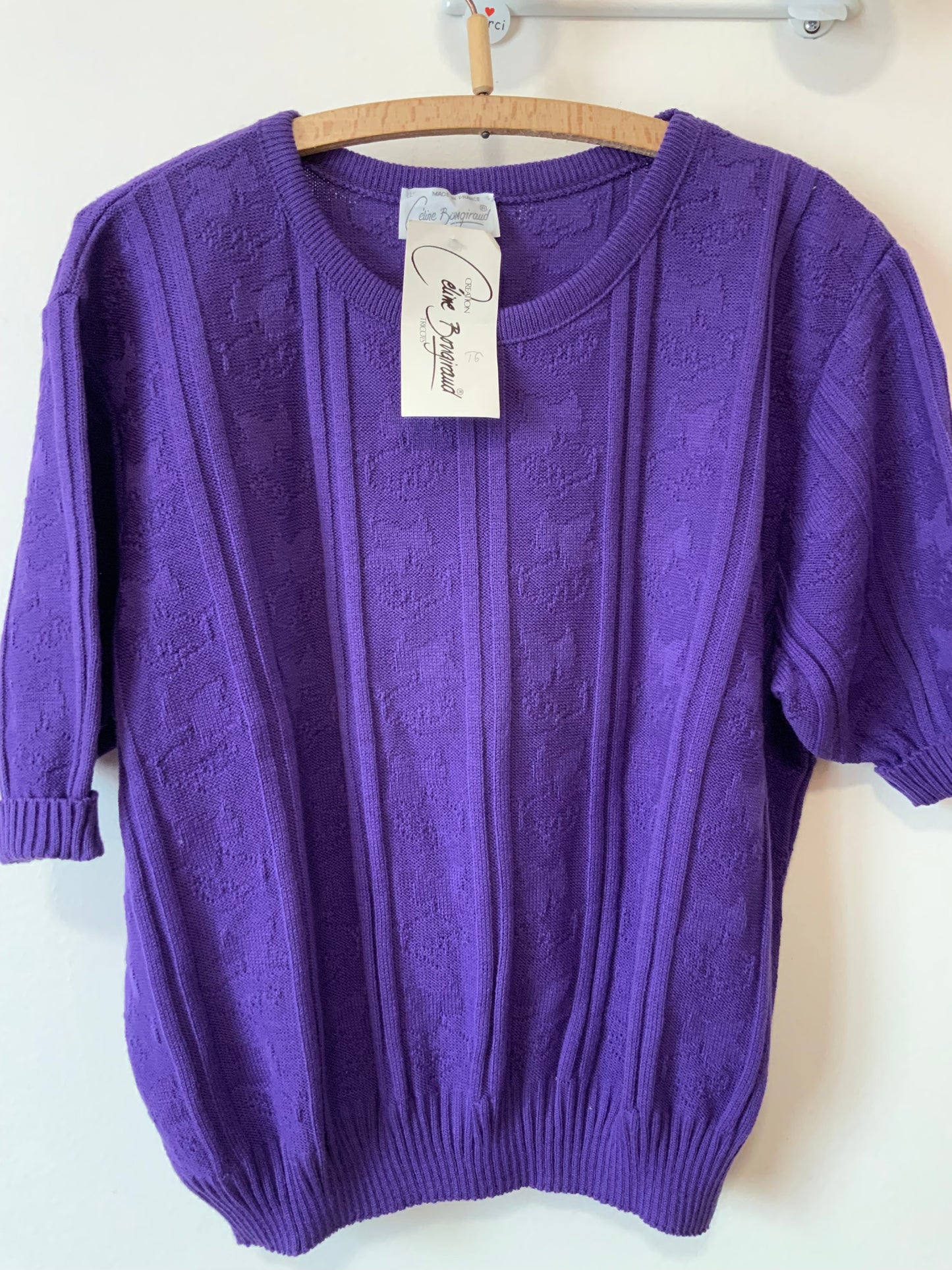 Pull Violet Motifs mailles Fleurs Vintage 1980 Paris France