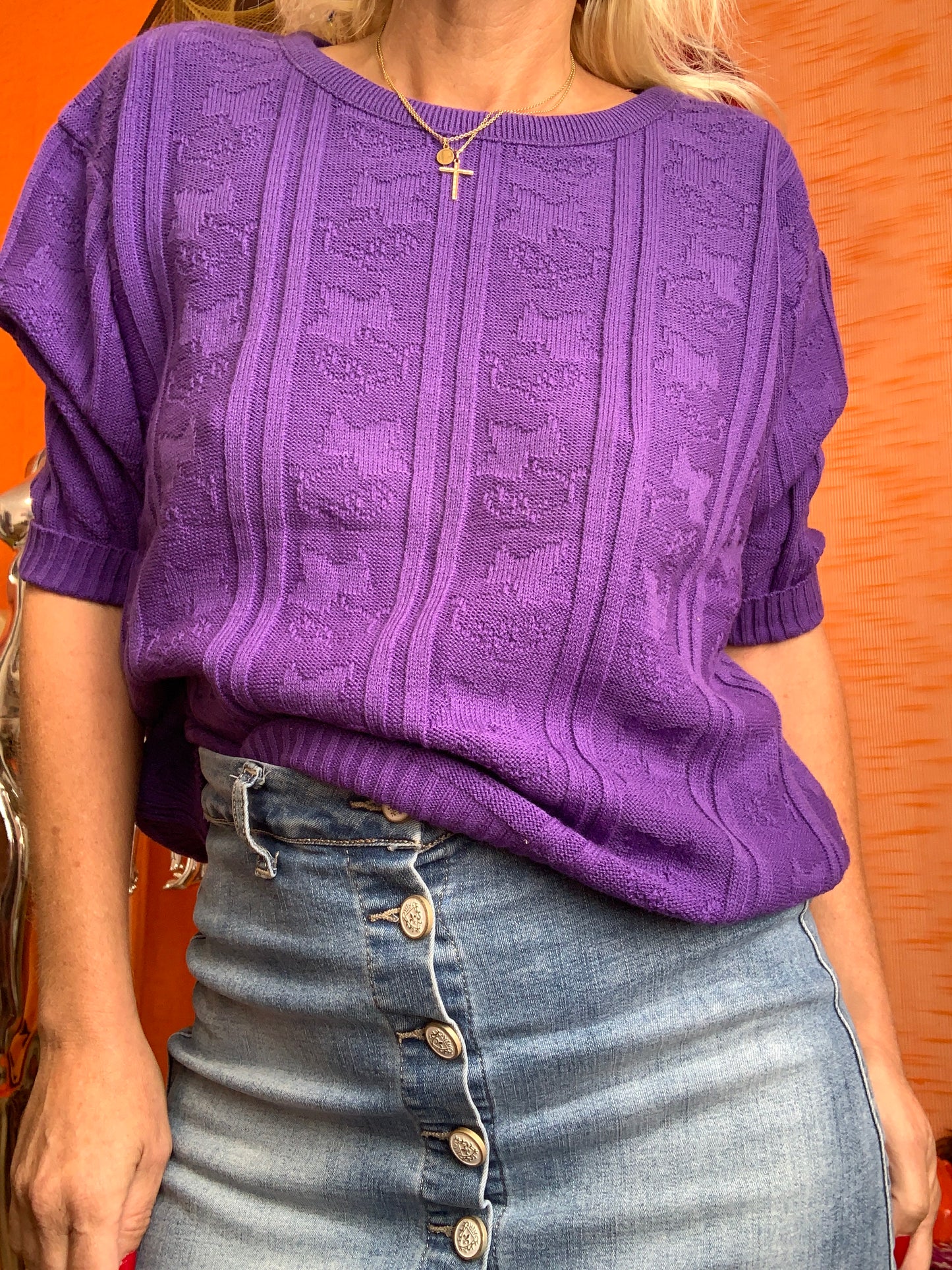 Pull Violet Motifs mailles Fleurs Vintage 1980 Paris France