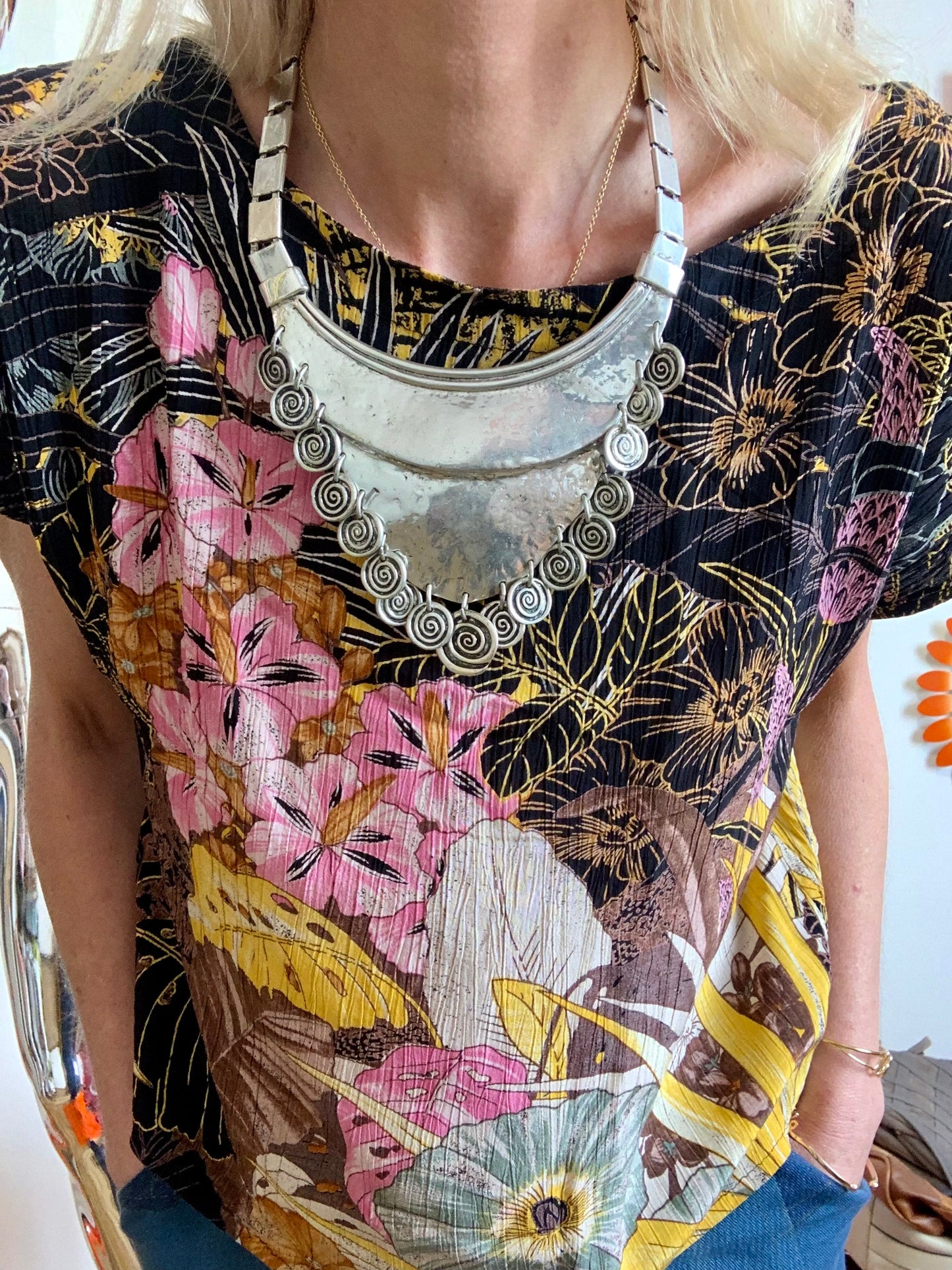 Grand Collier Métal argenté Vintage 1990