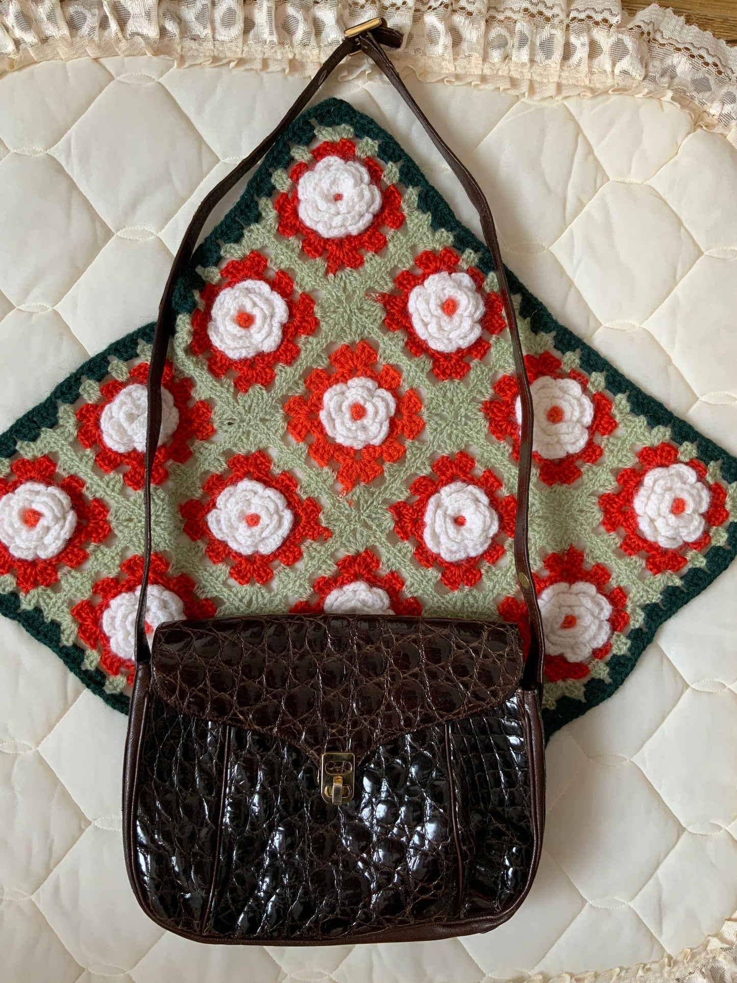 Sac Berma Authentique Veritable Croco Gros Grains vernis Made in France Paris Vintage