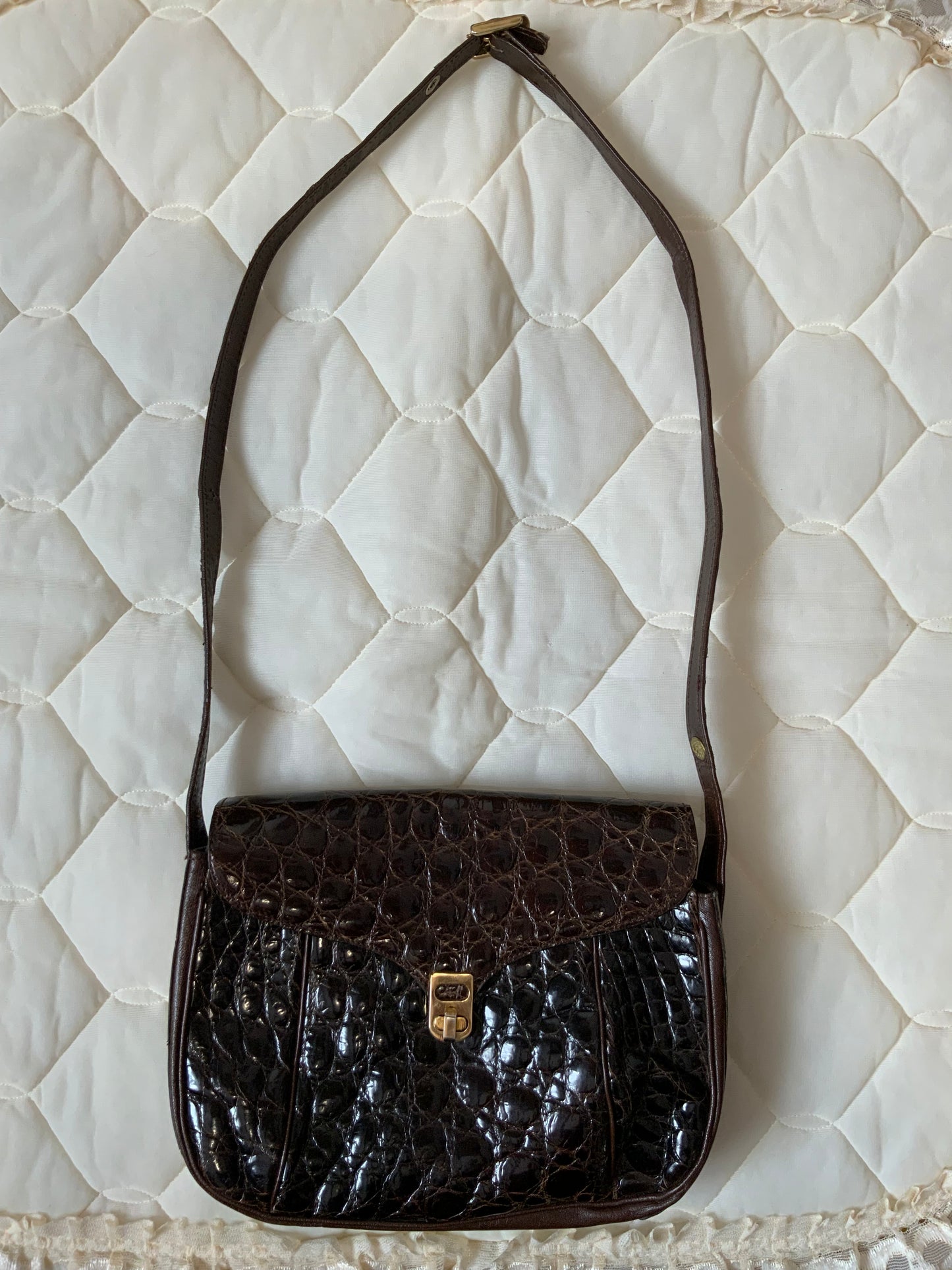 Sac Berma Authentique Veritable Croco Gros Grains vernis Made in France Paris Vintage