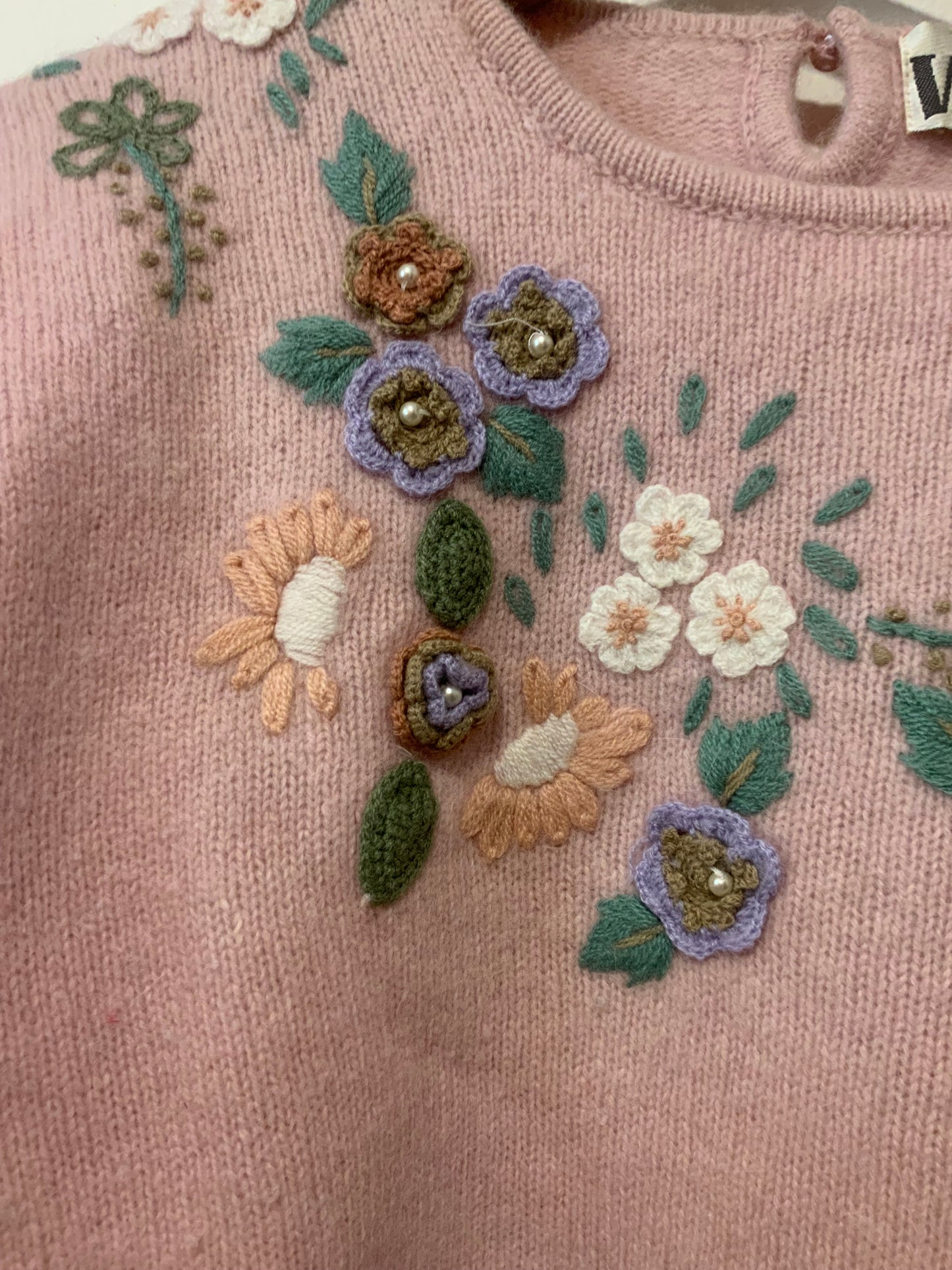 Pull Laine Angora à Fleurs brodées et perles Vintage 1990