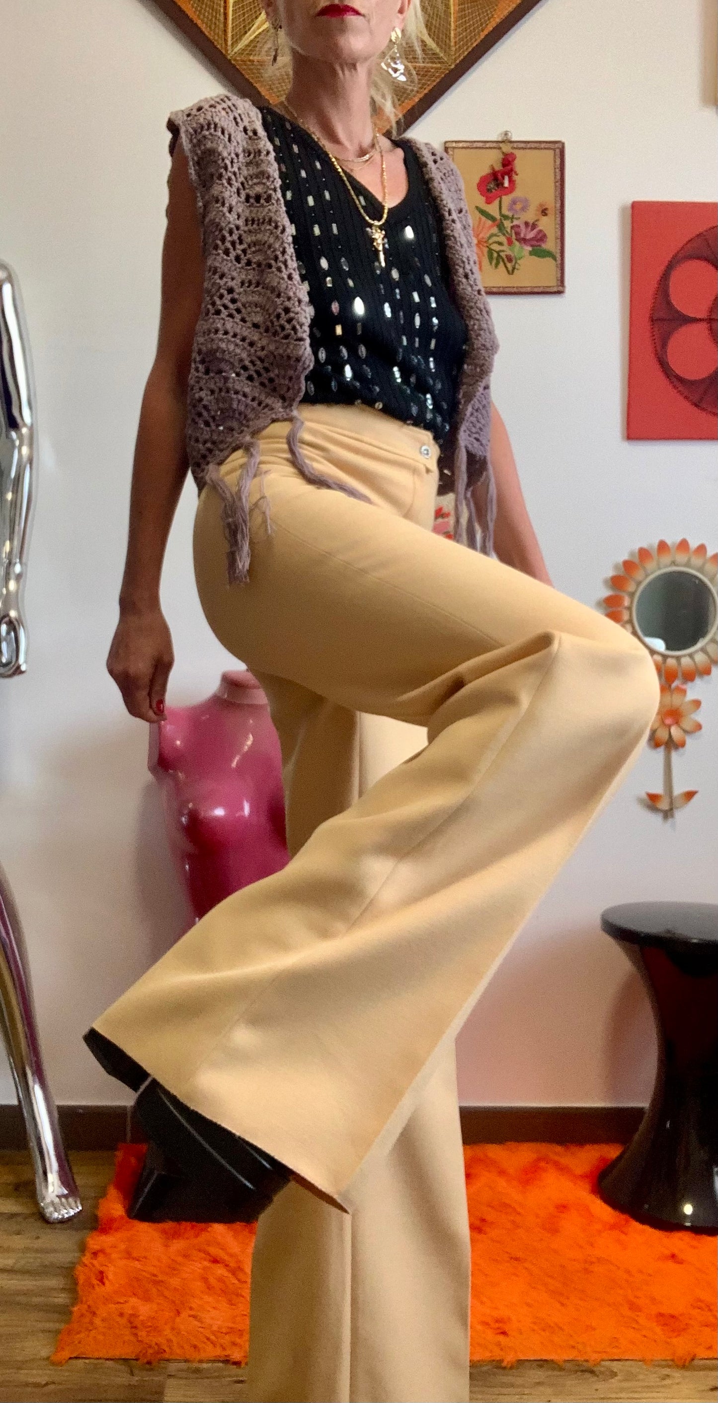 Pantalon Pattes d’éléphant Flare couleur Miel Tergal Vintage Neuf 1970