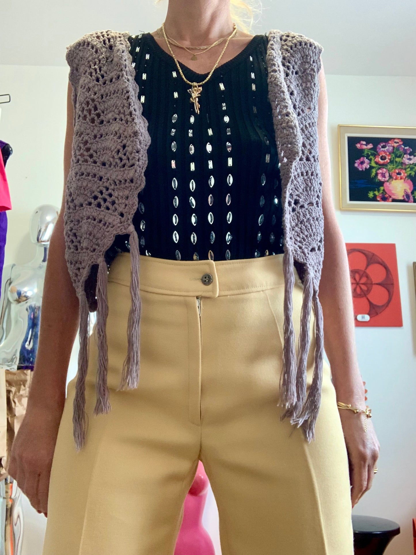 Gilet Boléro Bohème Mailles Crochets Franges Vintage 1990