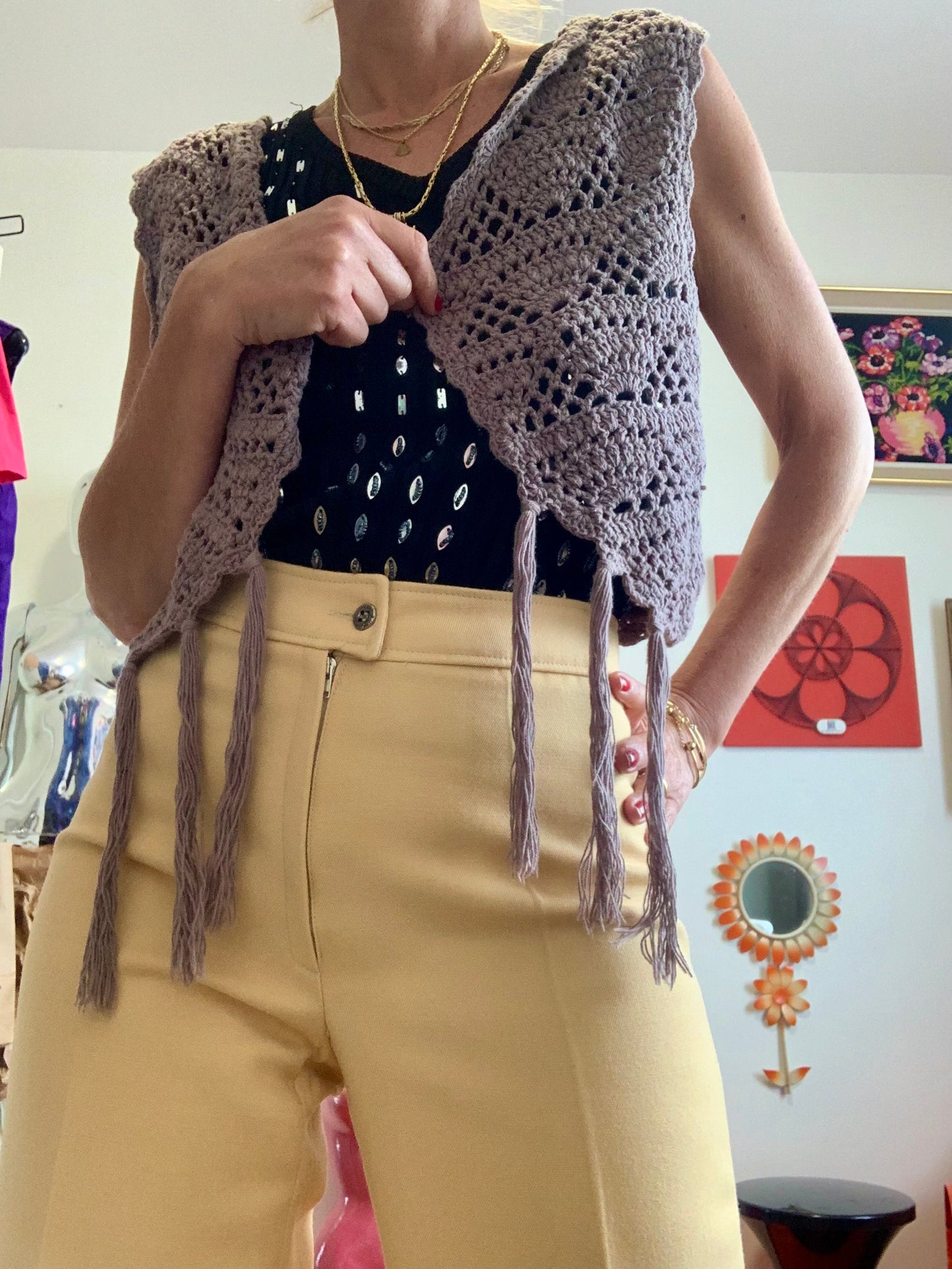 Gilet Boléro Bohème Mailles Crochets Franges Vintage 1990