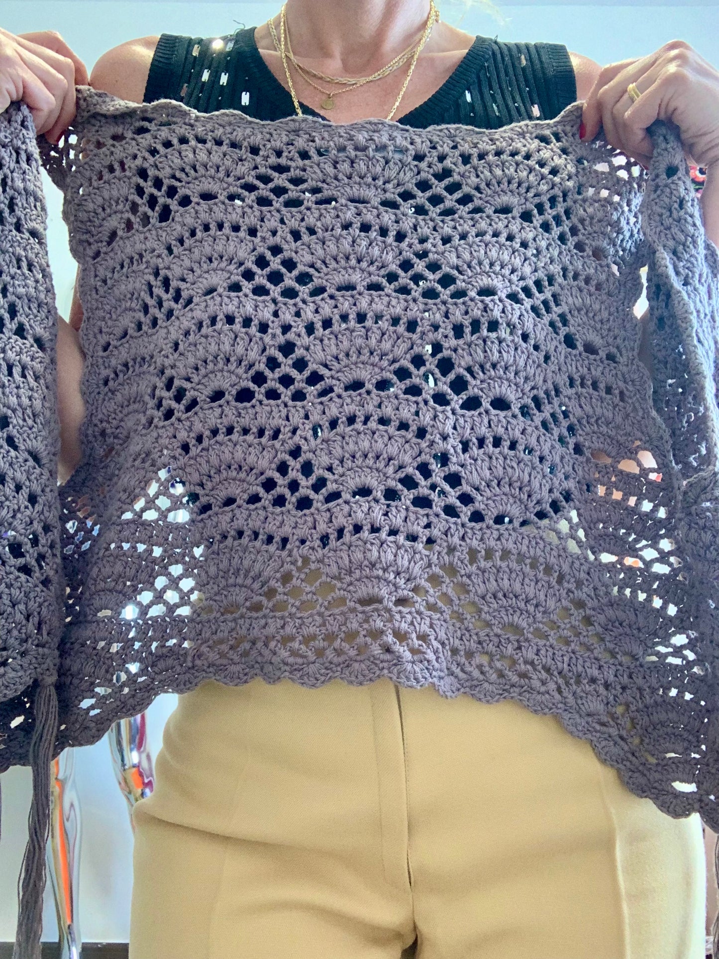 Gilet Boléro Bohème Mailles Crochets Franges Vintage 1990