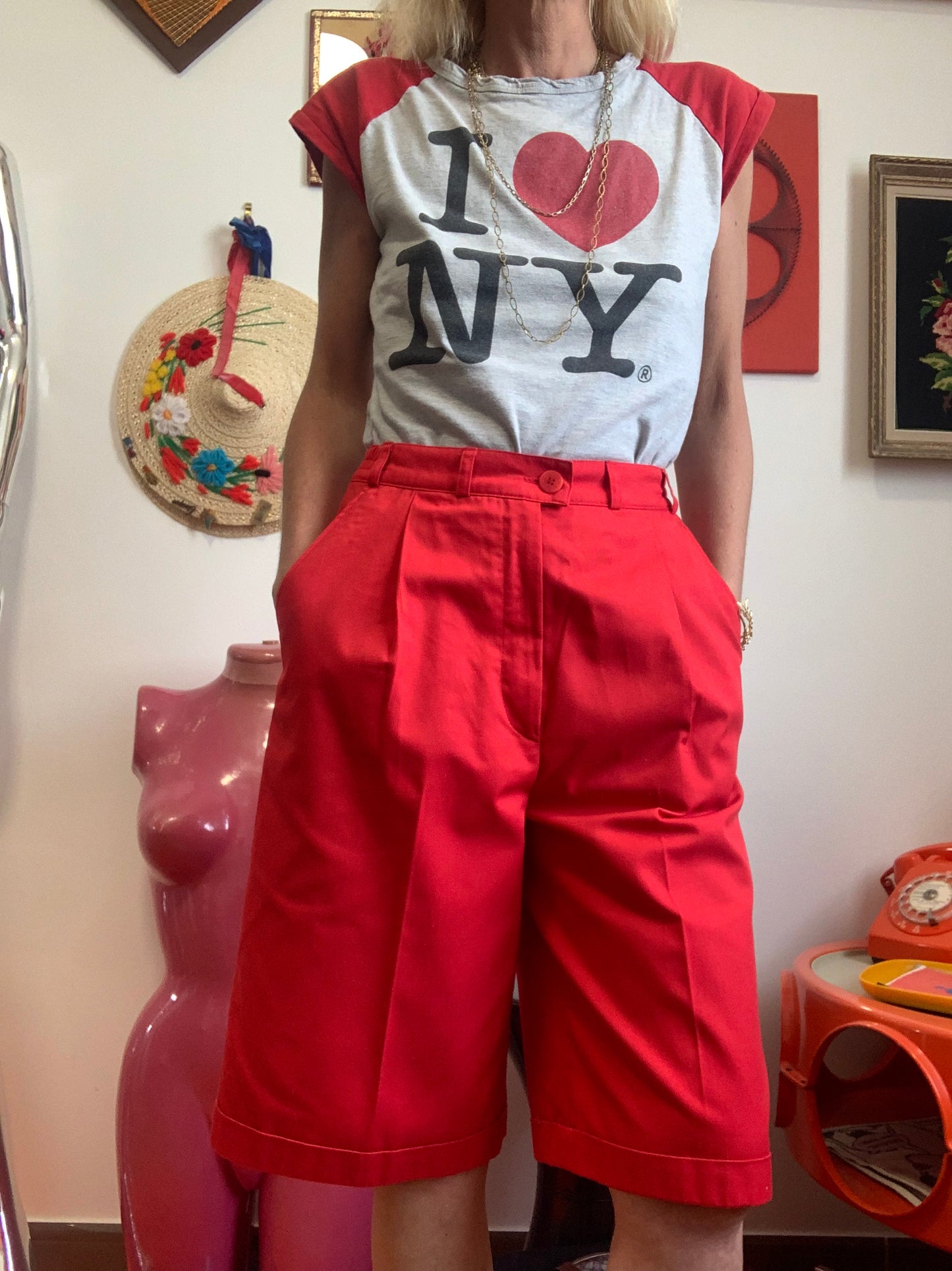 Bermuda coupe droite Rouge à pinces Vintage 1990 Chic