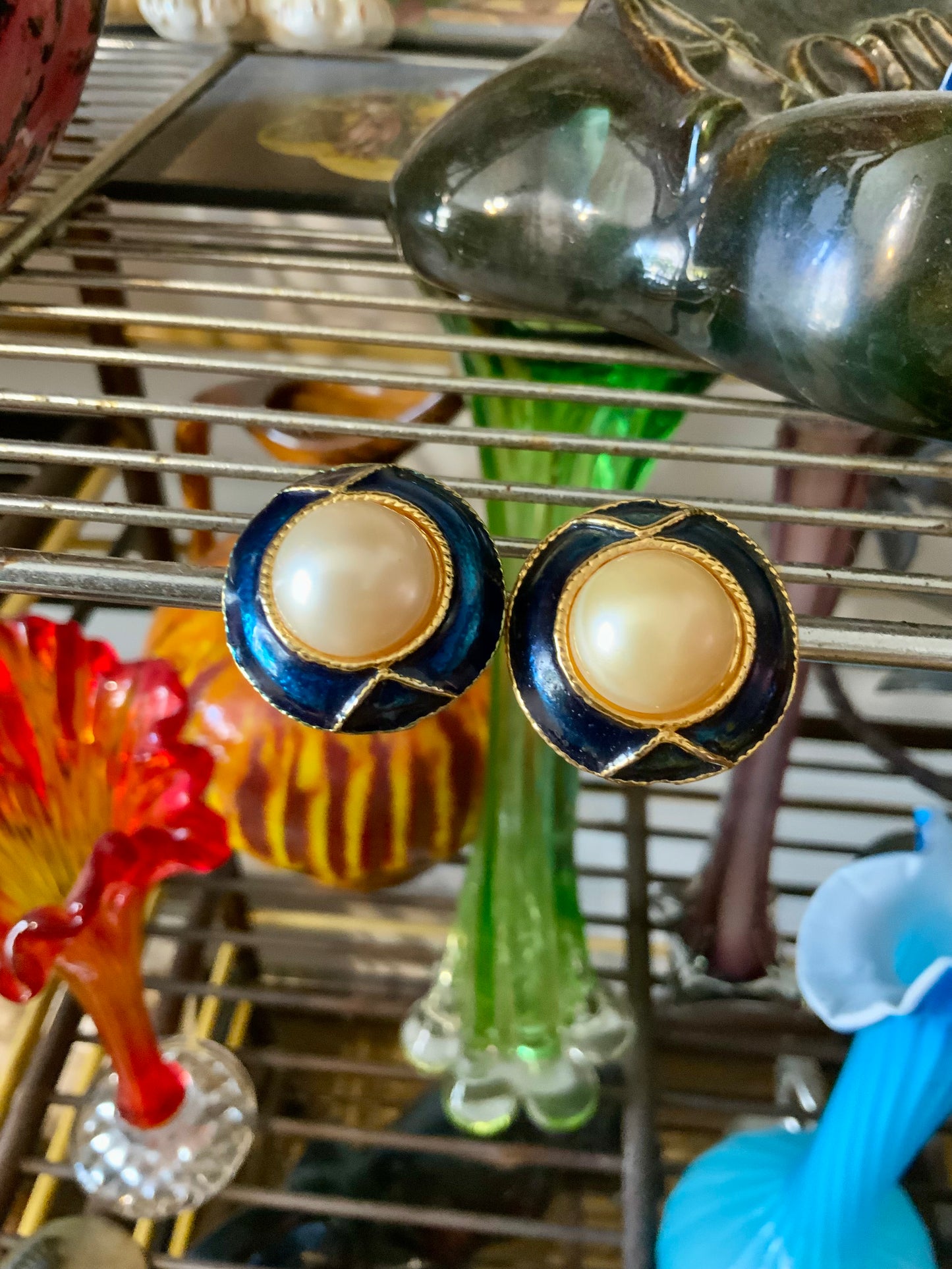 Boucles d’oreilles Vintage Métal perles émail 1980