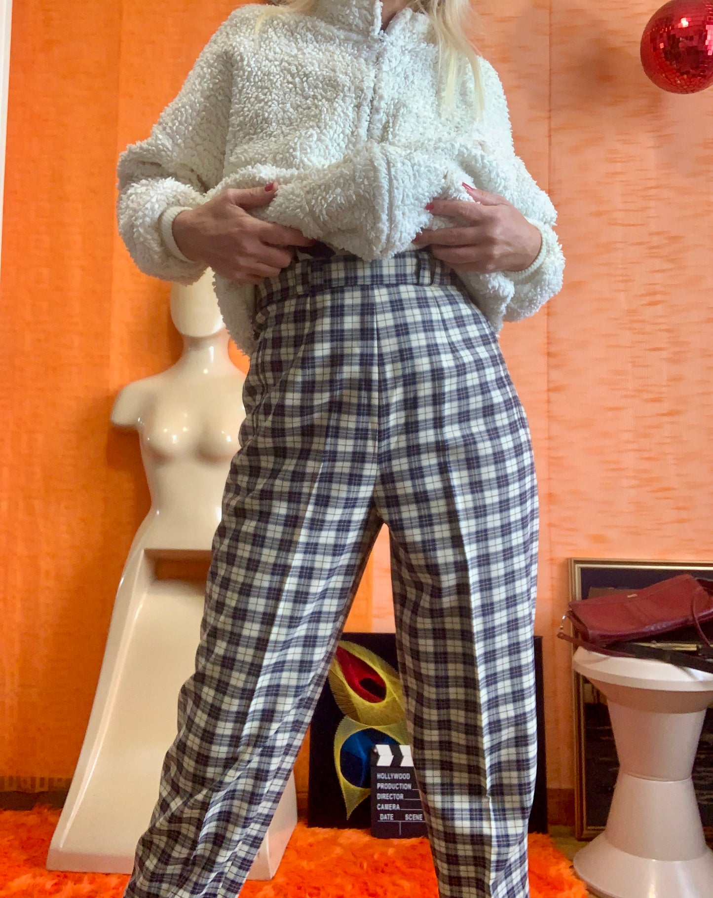 Pantalon à pinces droit à carreaux écossais bleus Vintage 1980/90
