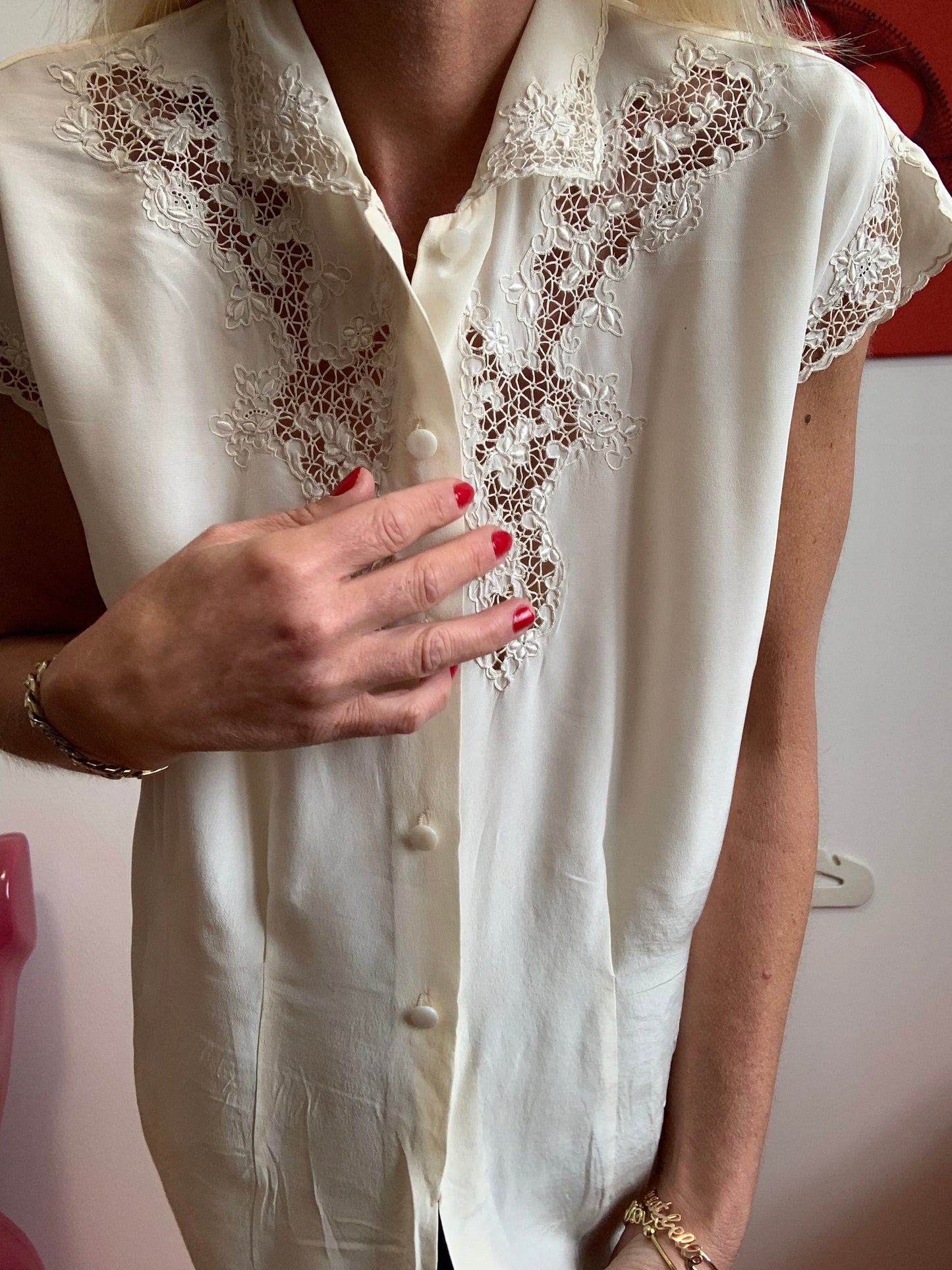Chemisier Soie Broderies fines Ajourées Fait Main Vintage Elegance