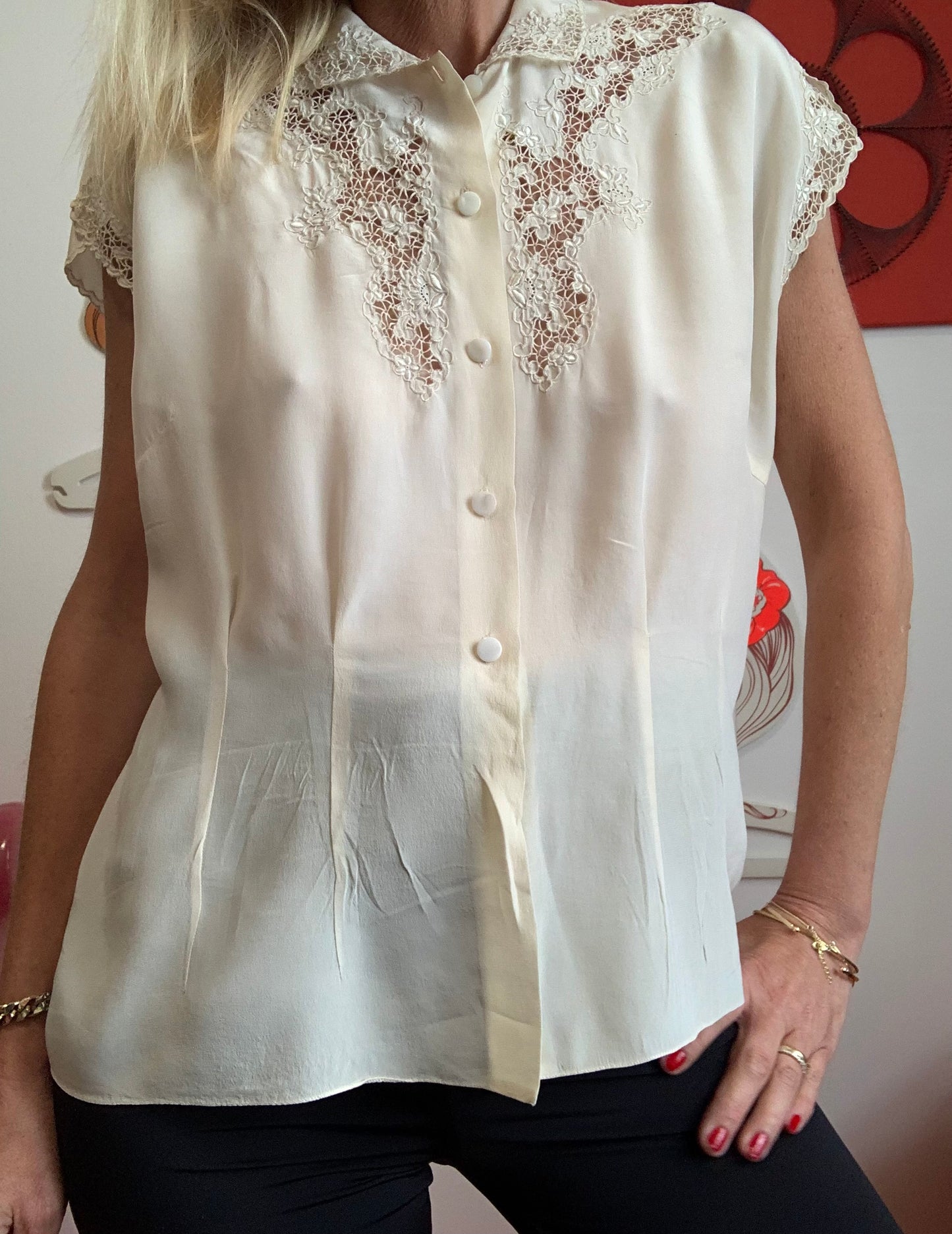 Chemisier Soie Broderies fines Ajourées Fait Main Vintage Elegance