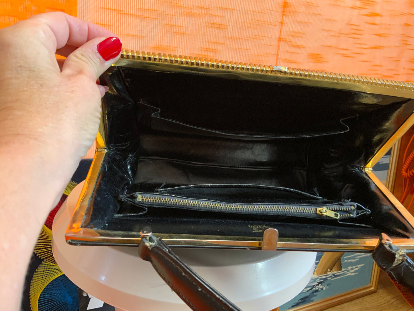 Superbe sac à main Cuit noir métal doré Vintage 1960