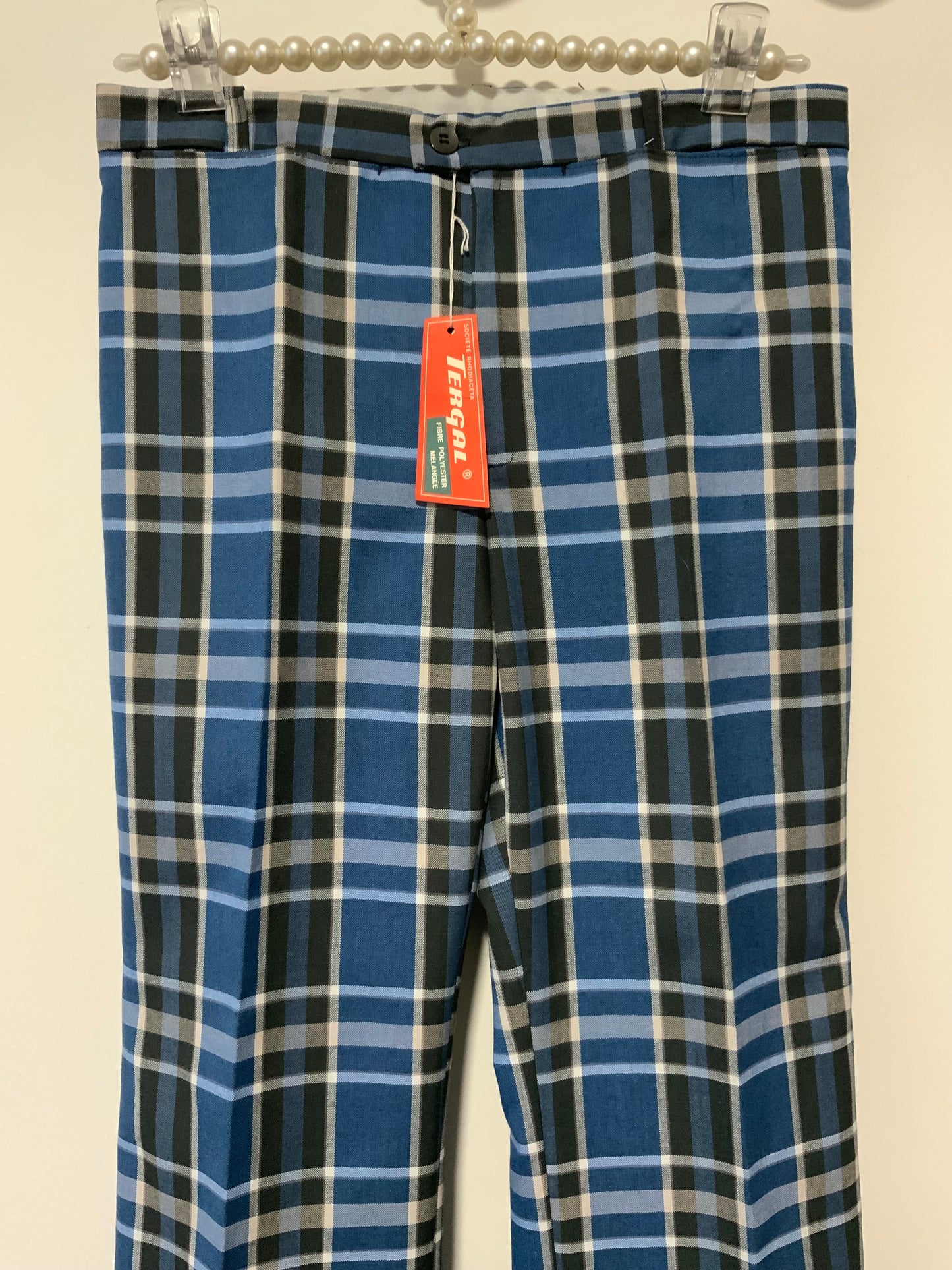Pantalon Pattes d’éléphant Flare Carreaux Bleus Tergal Vintage 1970