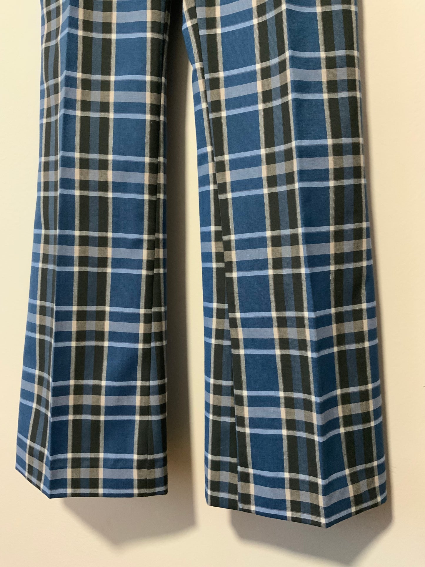 Pantalon Pattes d’éléphant Flare Carreaux Bleus Tergal Vintage 1970
