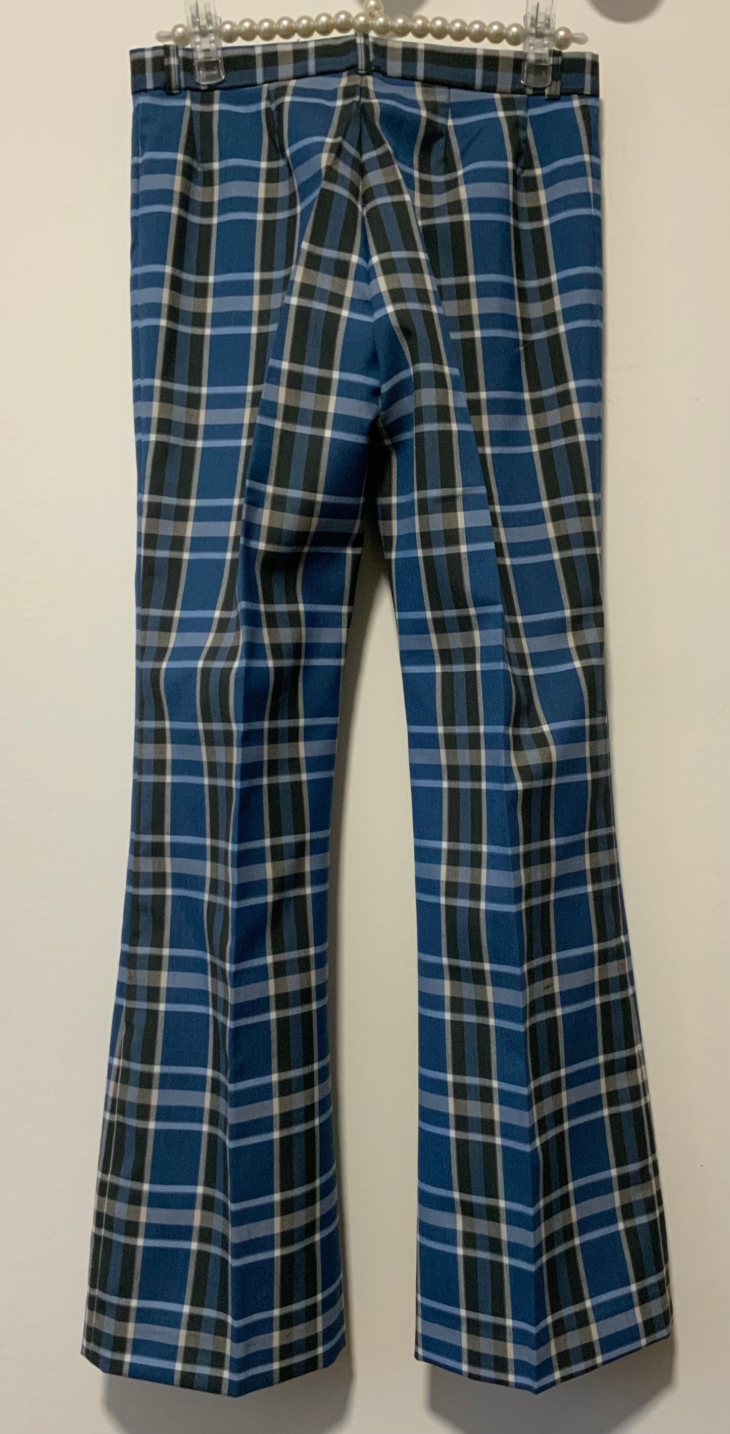 Pantalon Pattes d’éléphant Flare Carreaux Bleus Tergal Vintage 1970