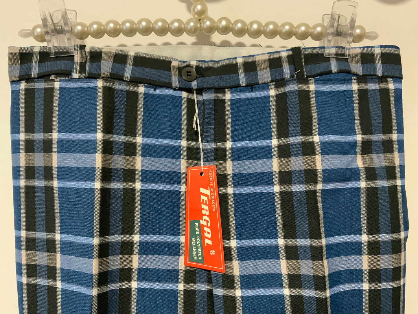 Pantalon Pattes d’éléphant Flare Carreaux Bleus Tergal Vintage 1970