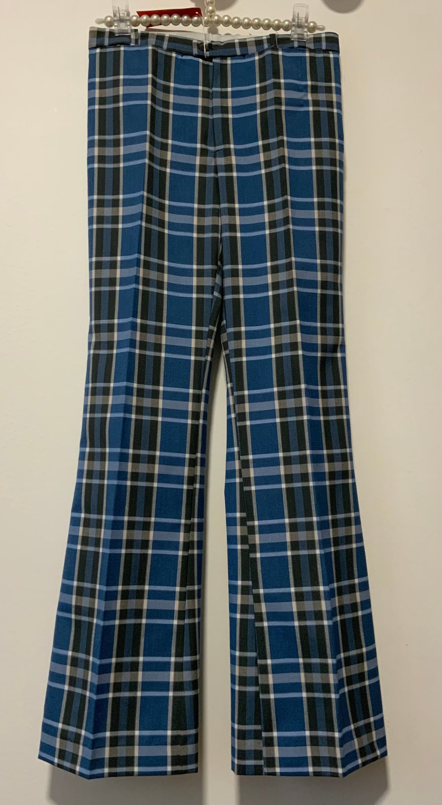 Pantalon Pattes d’éléphant Flare Carreaux Bleus Tergal Vintage 1970