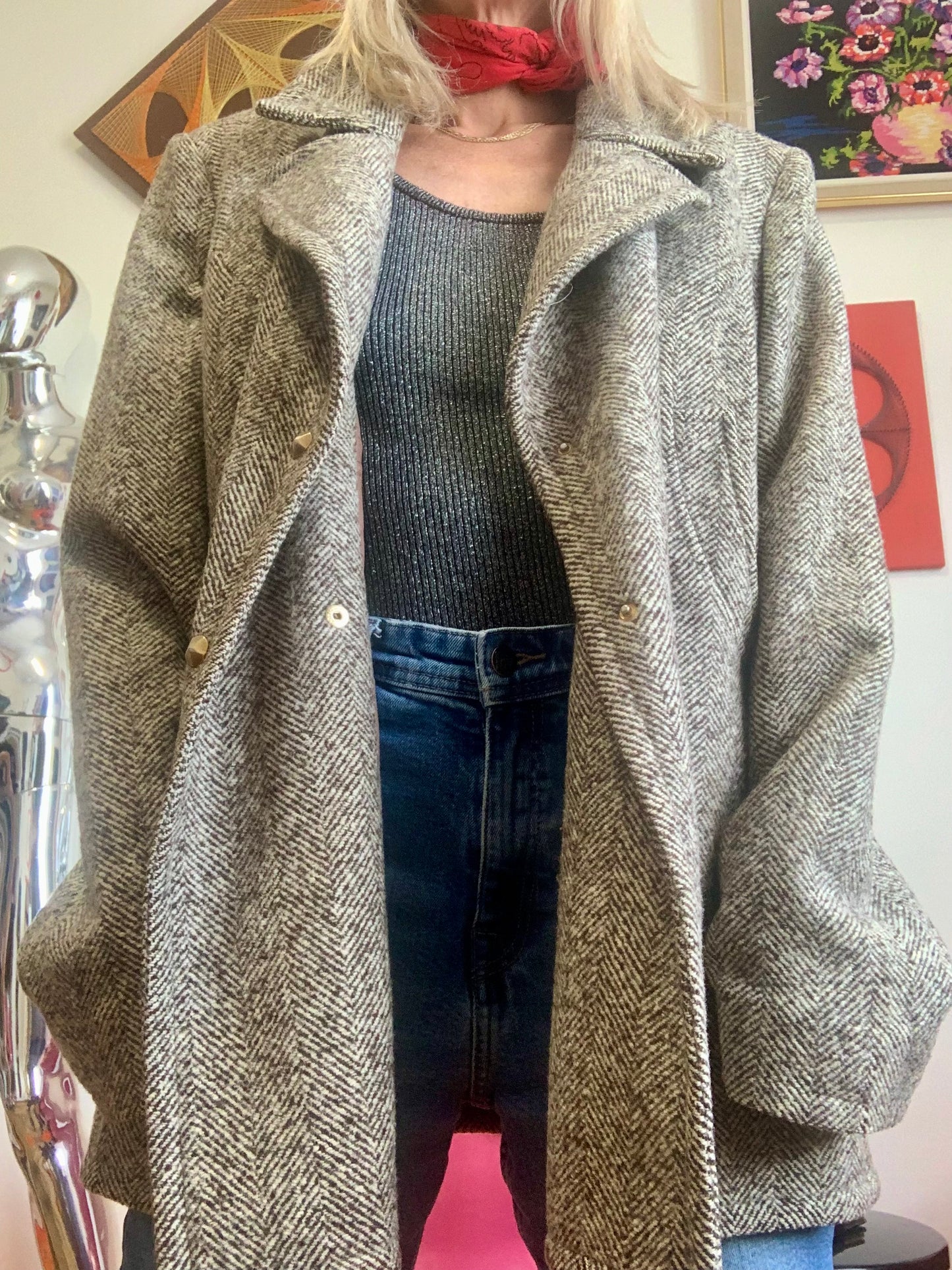 Veste Manteau Laine Thierry Mugler Motifs Chevrons Vintage 1990