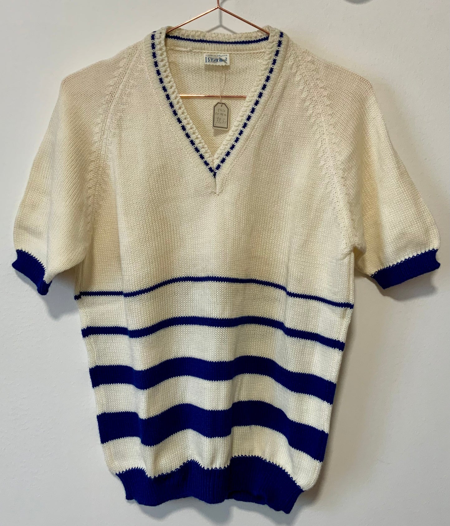 Pull Marinière laine tricoté main à rayures Made in France 1970 Deadstock Vintage