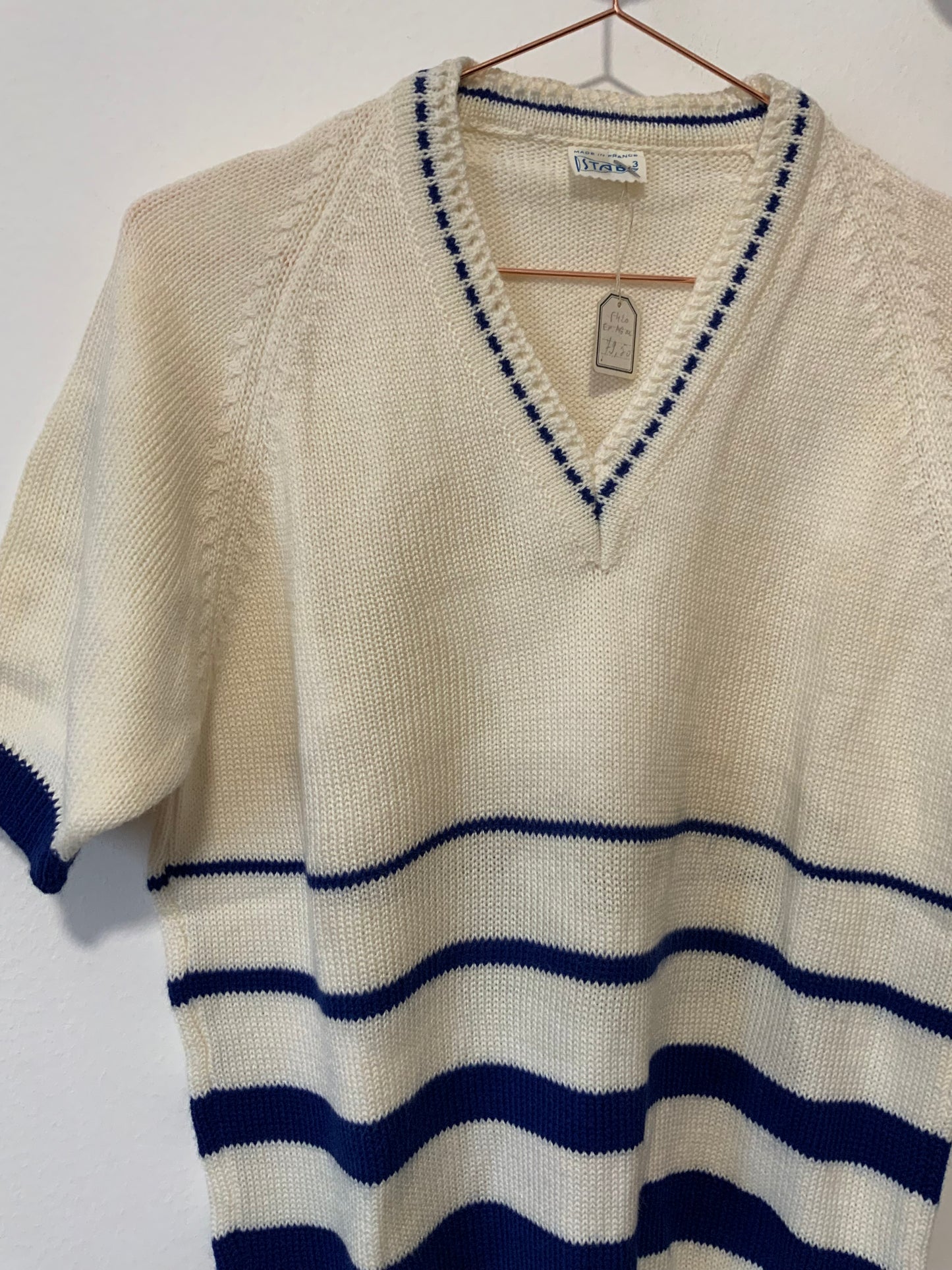 Pull Marinière laine tricoté main à rayures Made in France 1970 Deadstock Vintage