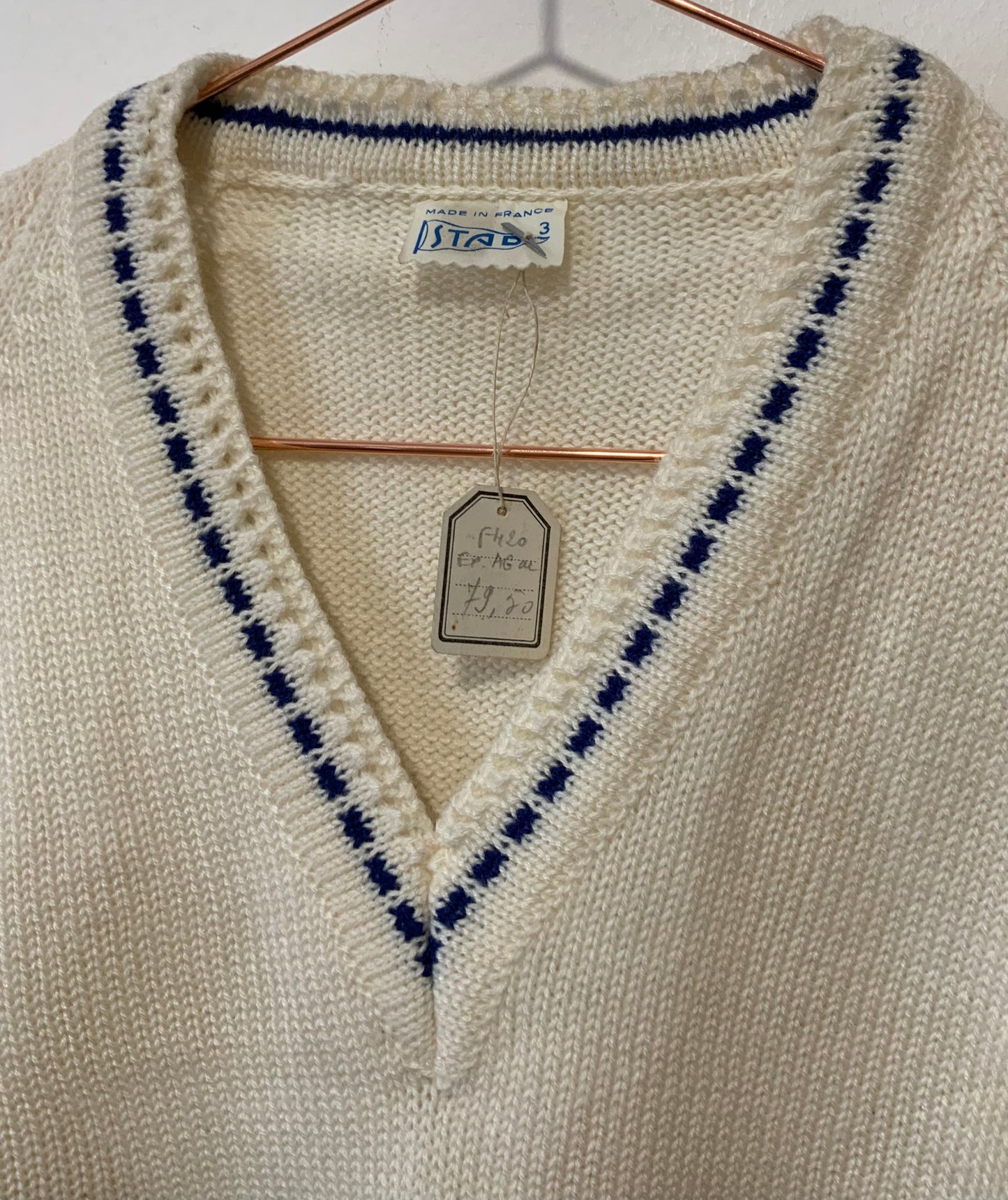Pull Marinière laine tricoté main à rayures Made in France 1970 Deadstock Vintage