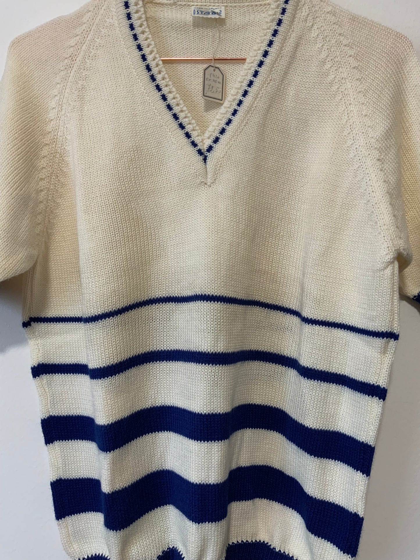 Pull Marinière laine tricoté main à rayures Made in France 1970 Deadstock Vintage