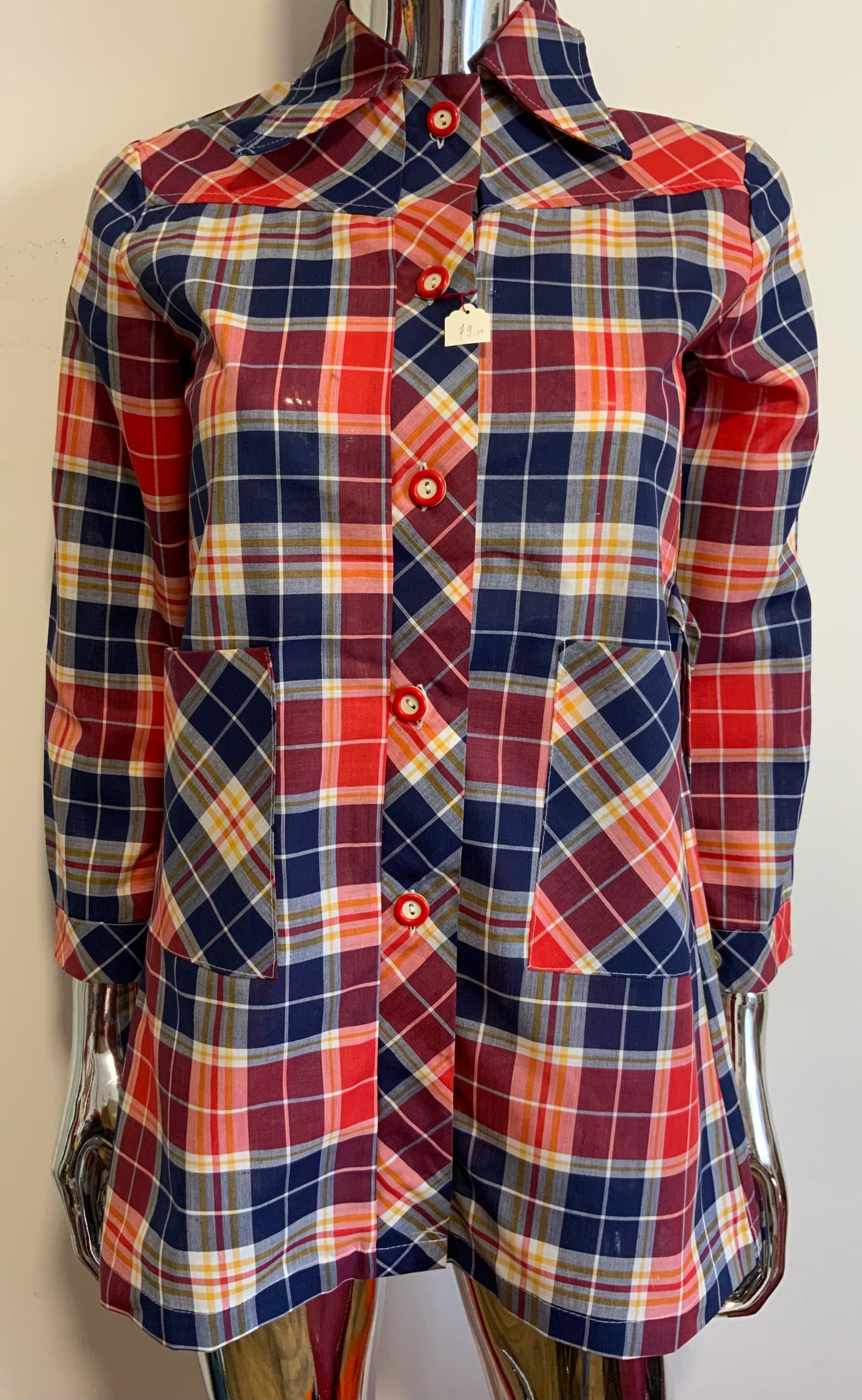 Superbe chemise à carreaux col pelle à tartes Deadstock 1970 Vintage France
