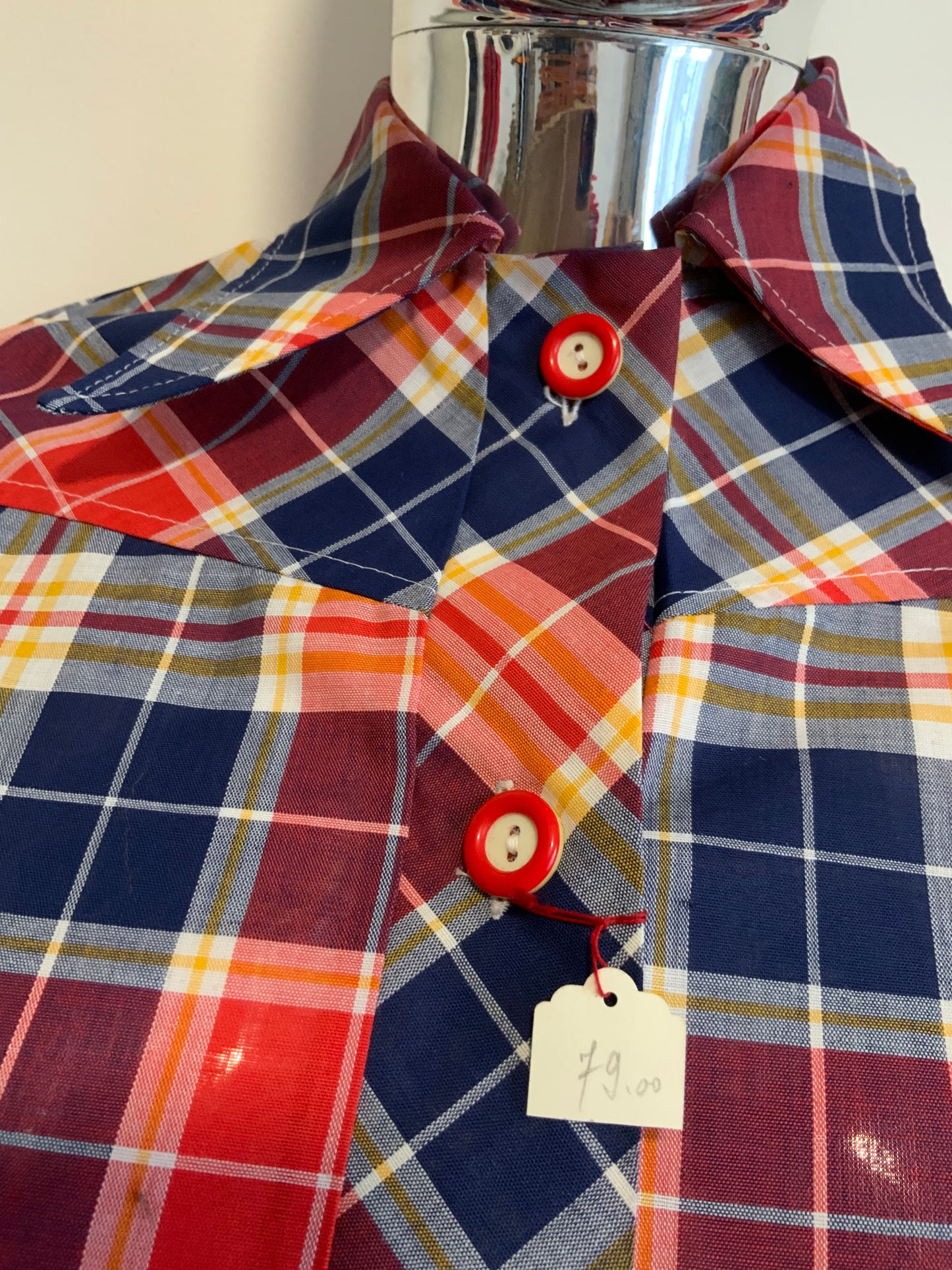 Superbe chemise à carreaux col pelle à tartes Deadstock 1970 Vintage France