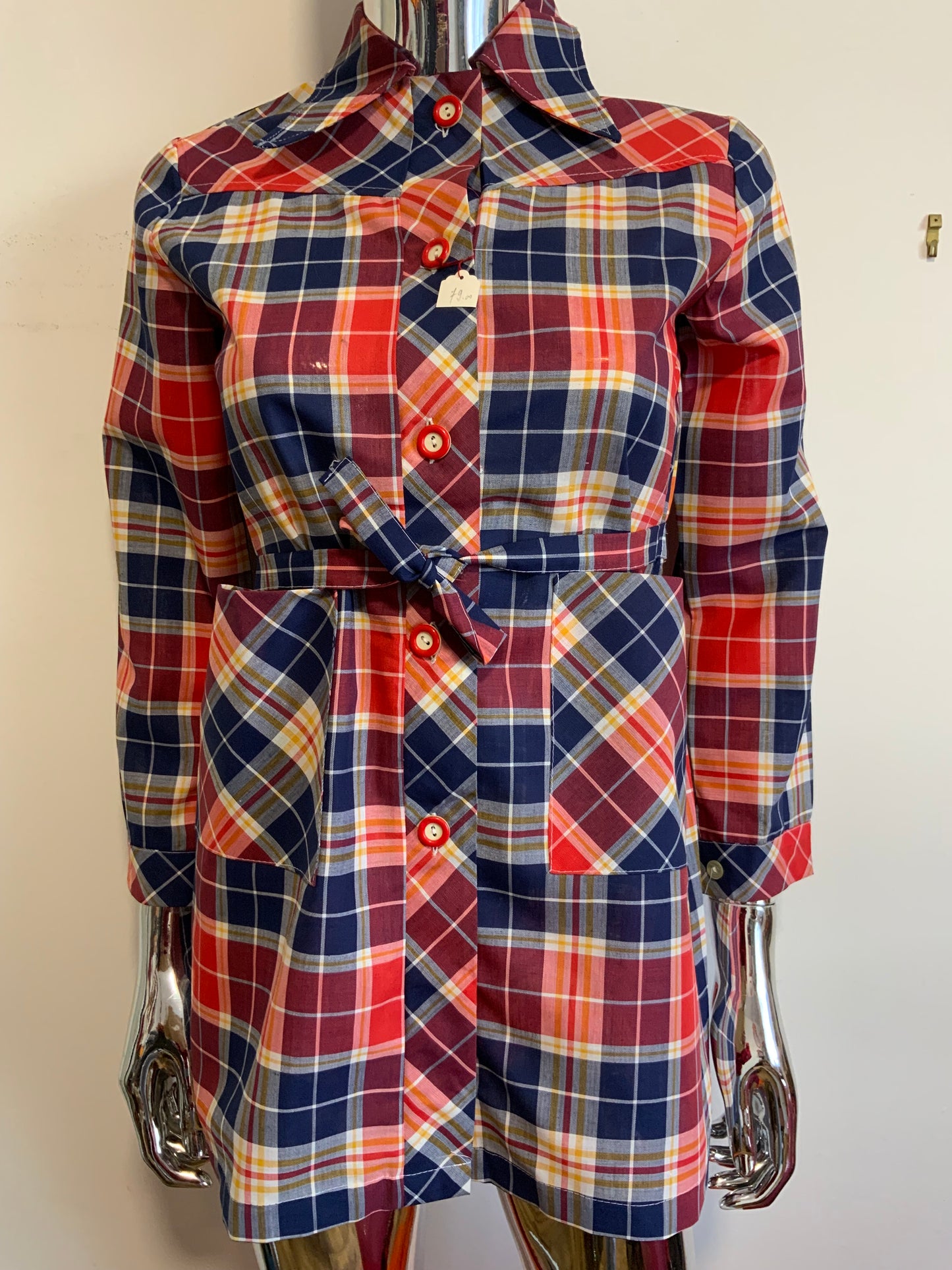 Superbe chemise à carreaux col pelle à tartes Deadstock 1970 Vintage France
