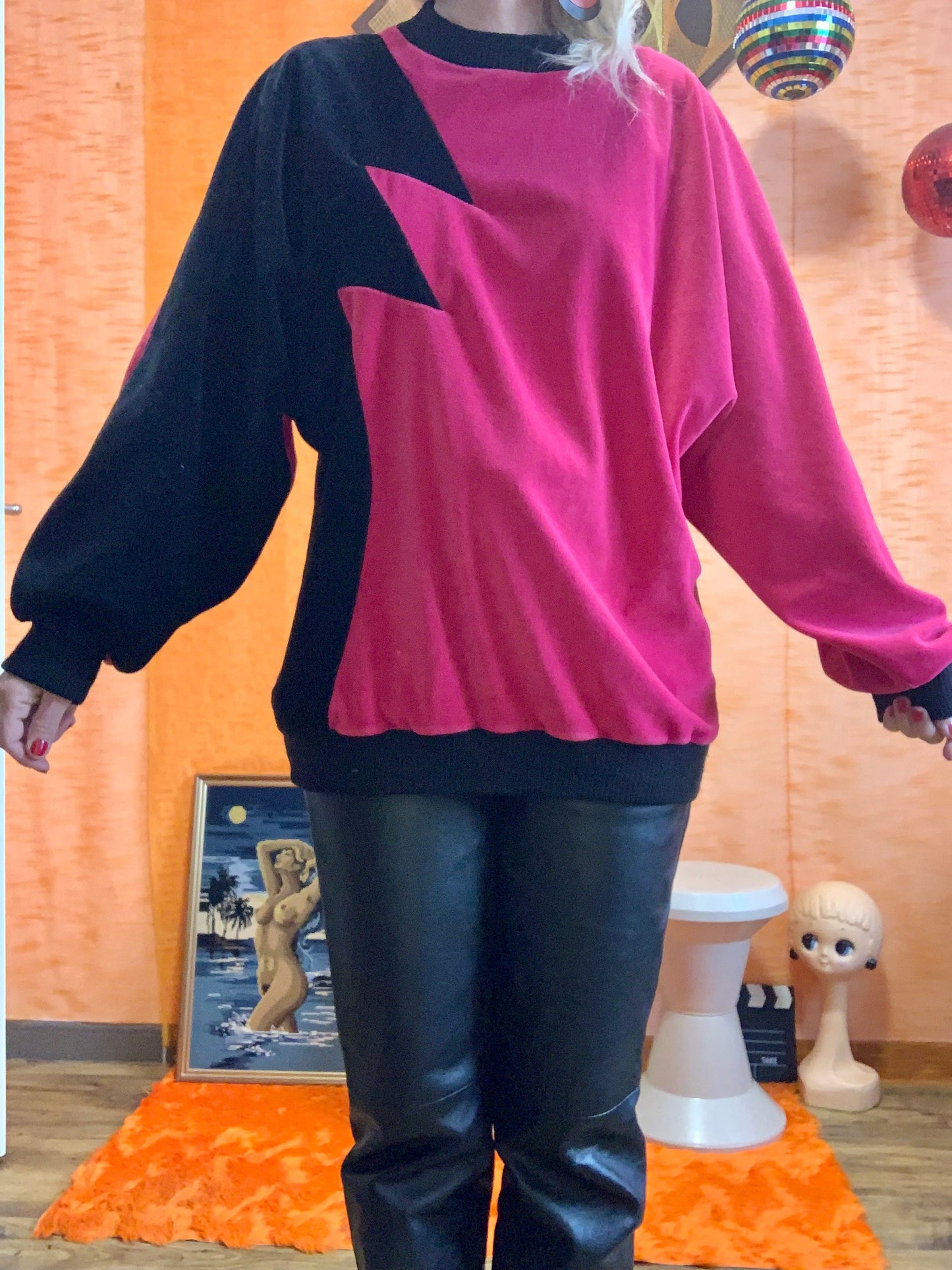 Sweat en velours Motifs rose vif et noir Pur Vintage 1980 Original