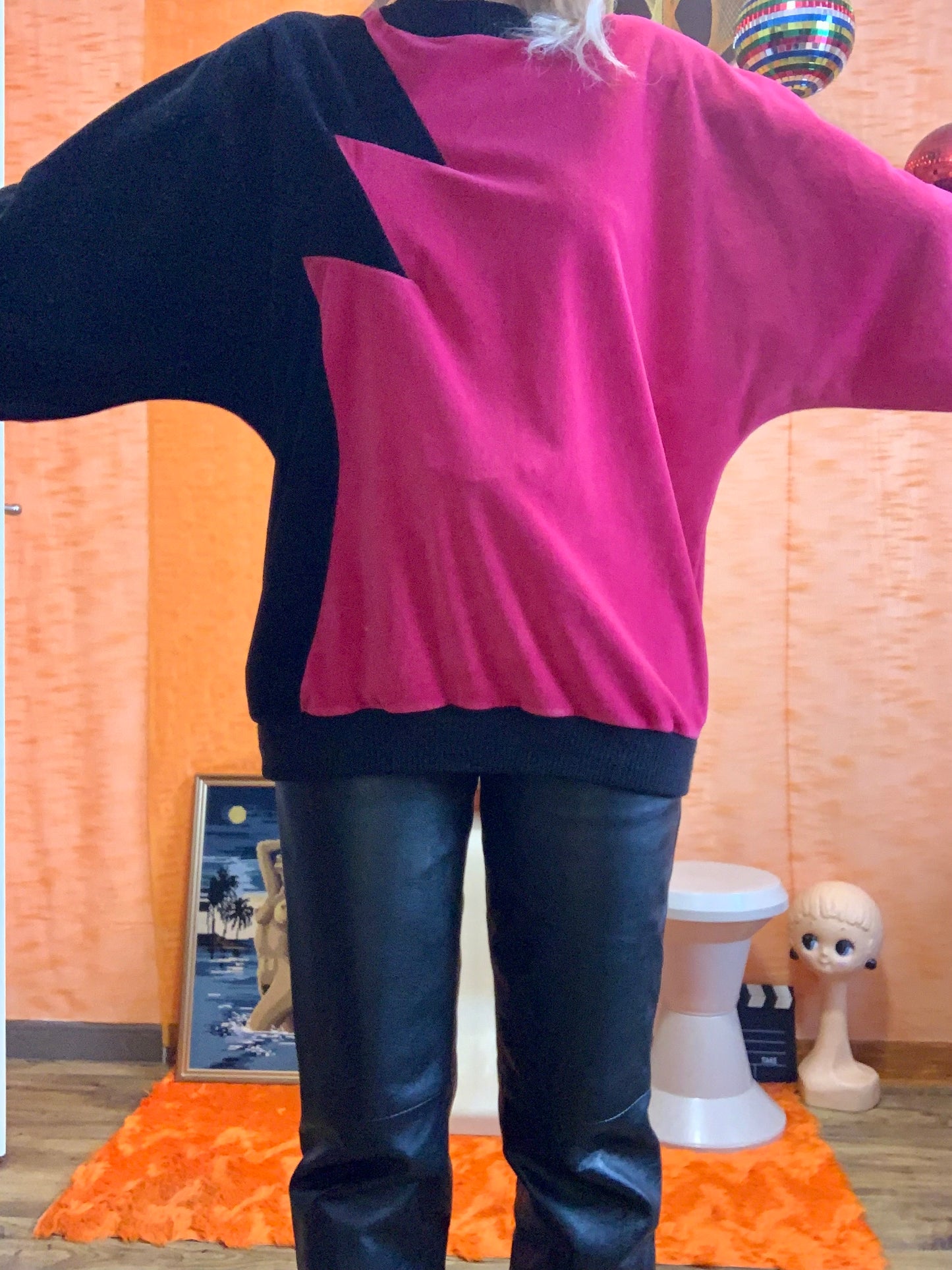Sweat en velours Motifs rose vif et noir Pur Vintage 1980 Original