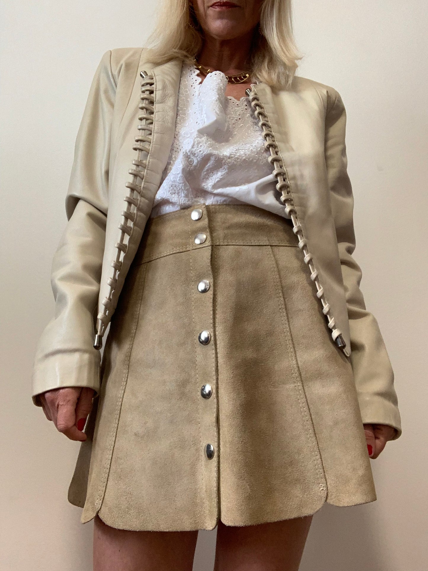 Veste Femme Beige Cuir Lacets Vintage 1990 Ventiuno France Italie