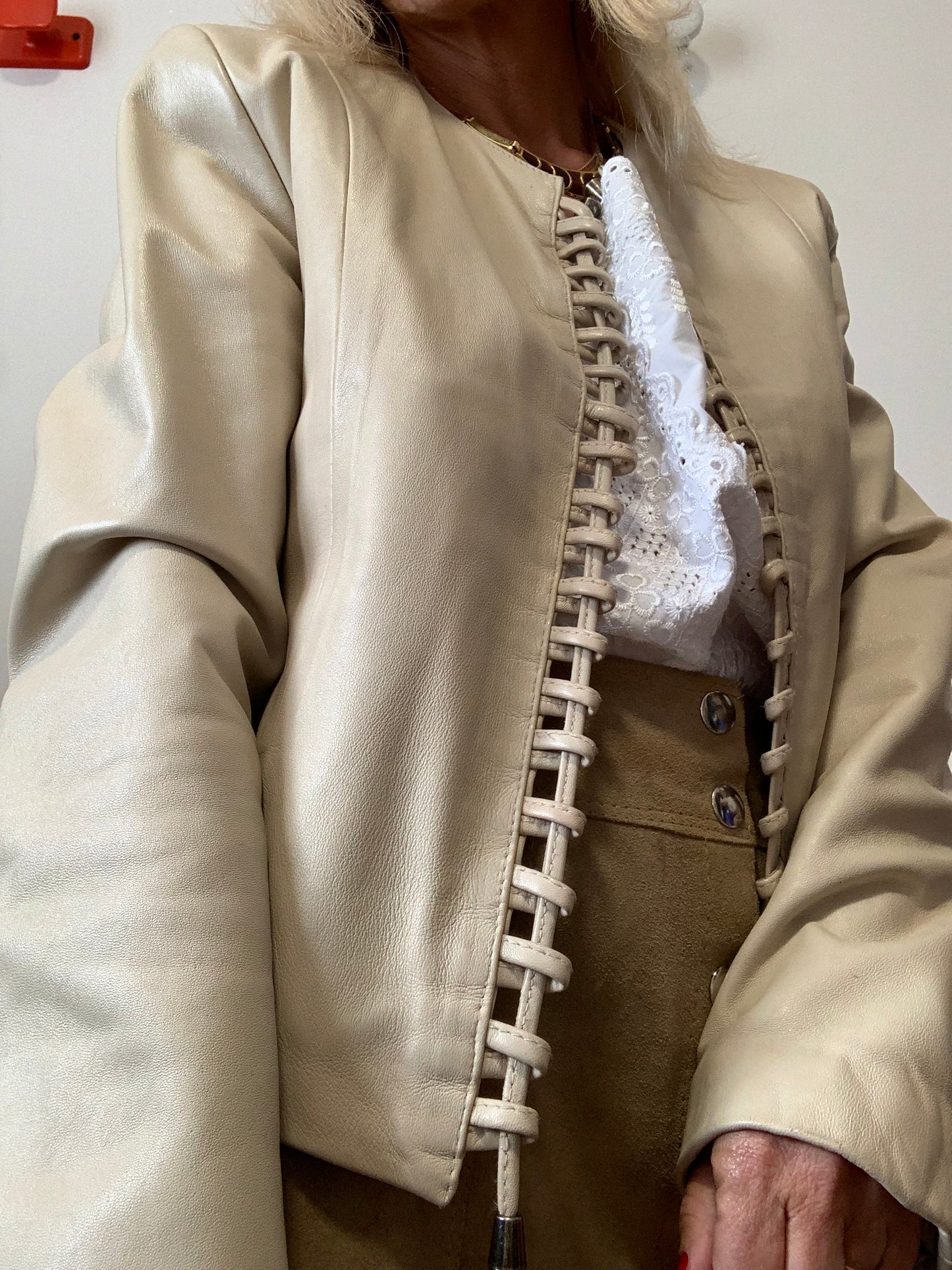 Veste Femme Beige Cuir Lacets Vintage 1990 Ventiuno France Italie