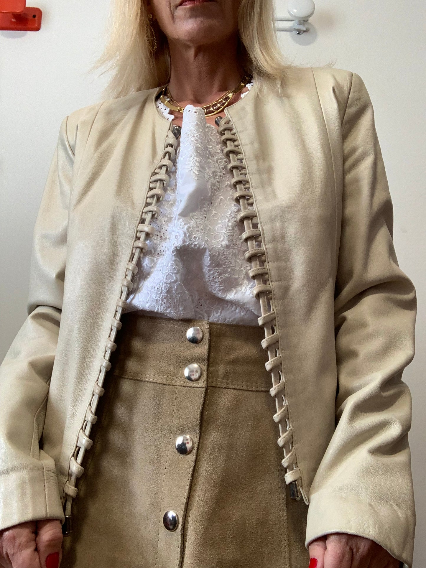 Veste Femme Beige Cuir Lacets Vintage 1990 Ventiuno France Italie