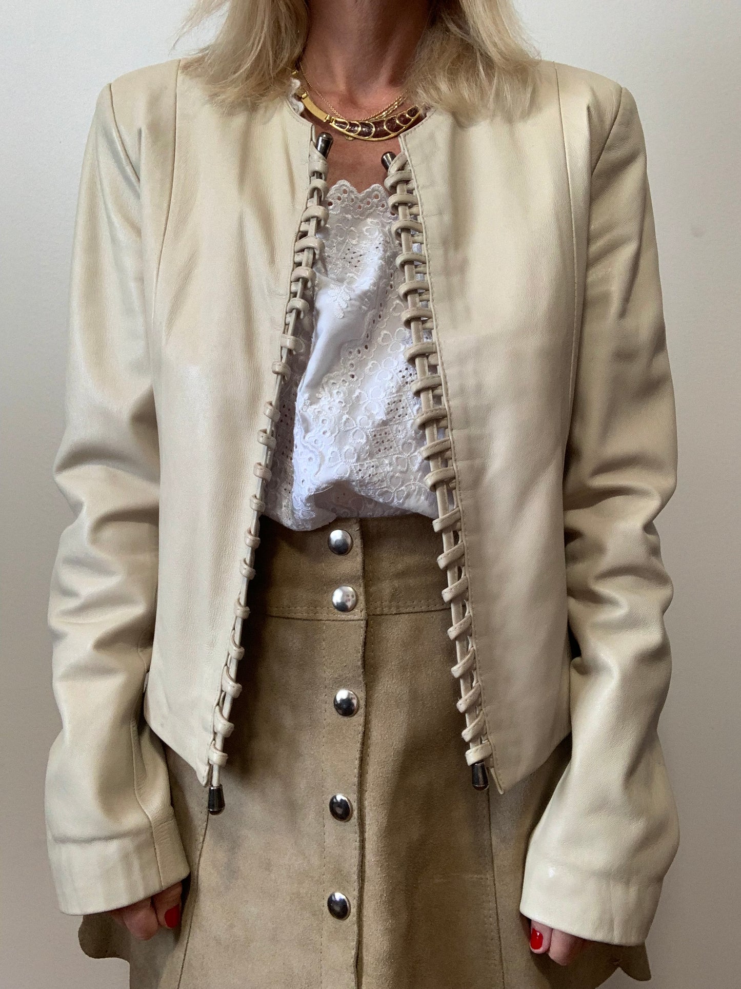 Veste Femme Beige Cuir Lacets Vintage 1990 Ventiuno France Italie