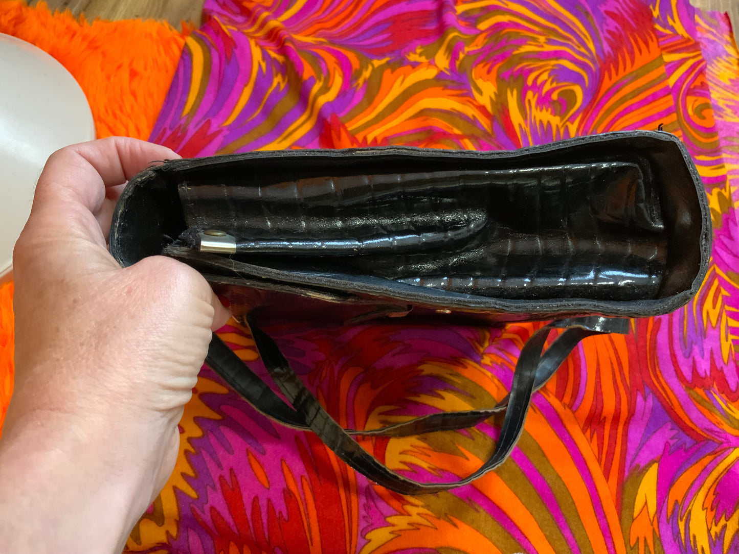 Sac à main cuir vernis grains croco Vintage Ancien