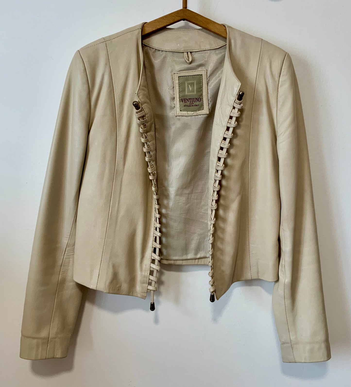 Veste Femme Beige Cuir Lacets Vintage 1990 Ventiuno France Italie