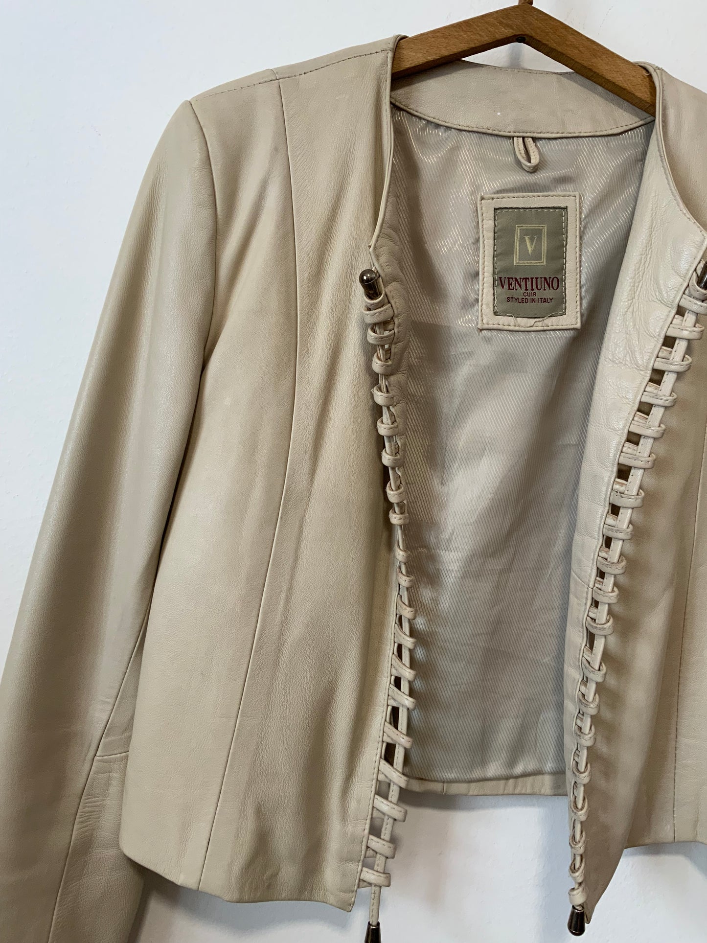 Veste Femme Beige Cuir Lacets Vintage 1990 Ventiuno France Italie