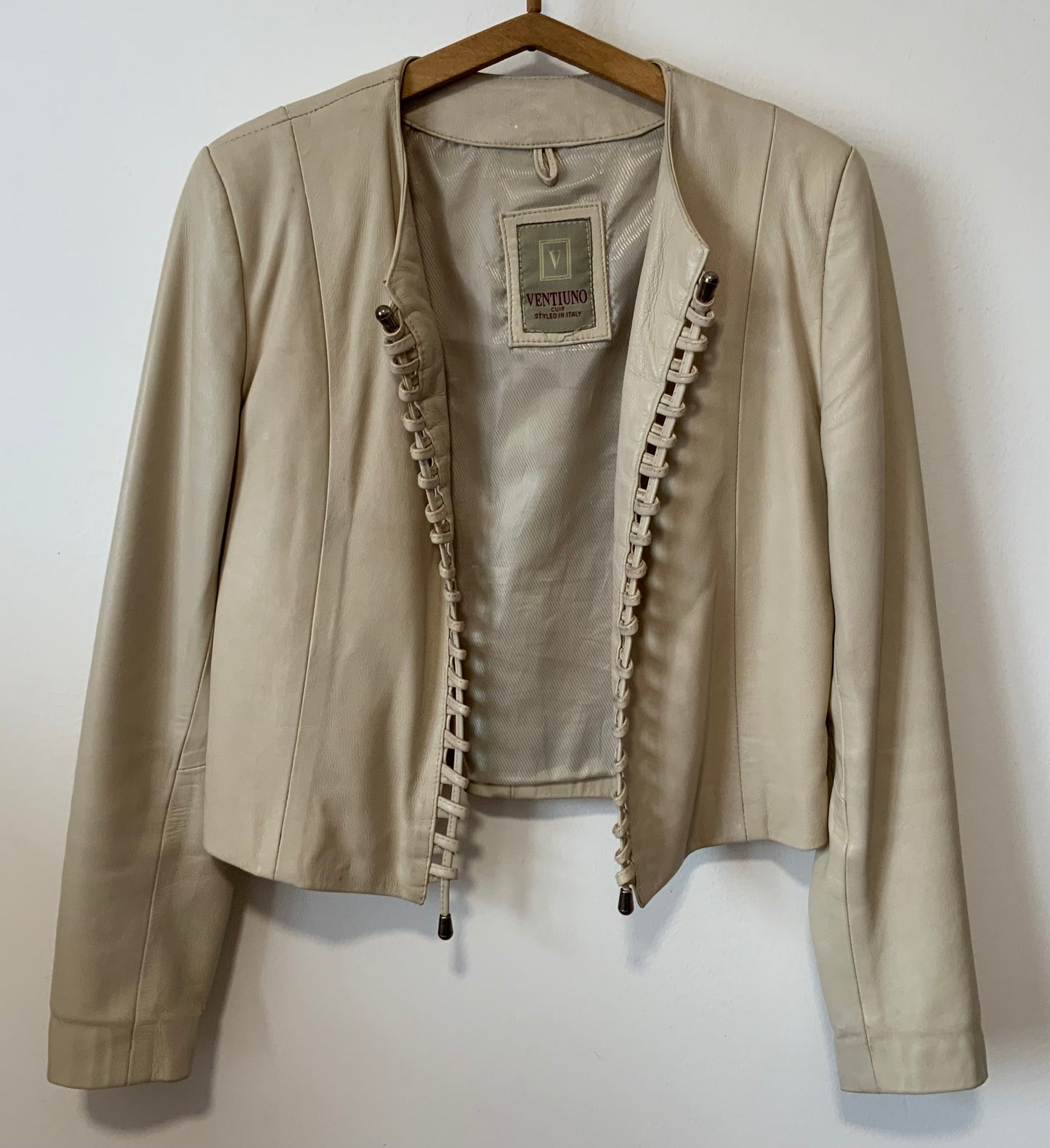 Veste Femme Beige Cuir Lacets Vintage 1990 Ventiuno France Italie