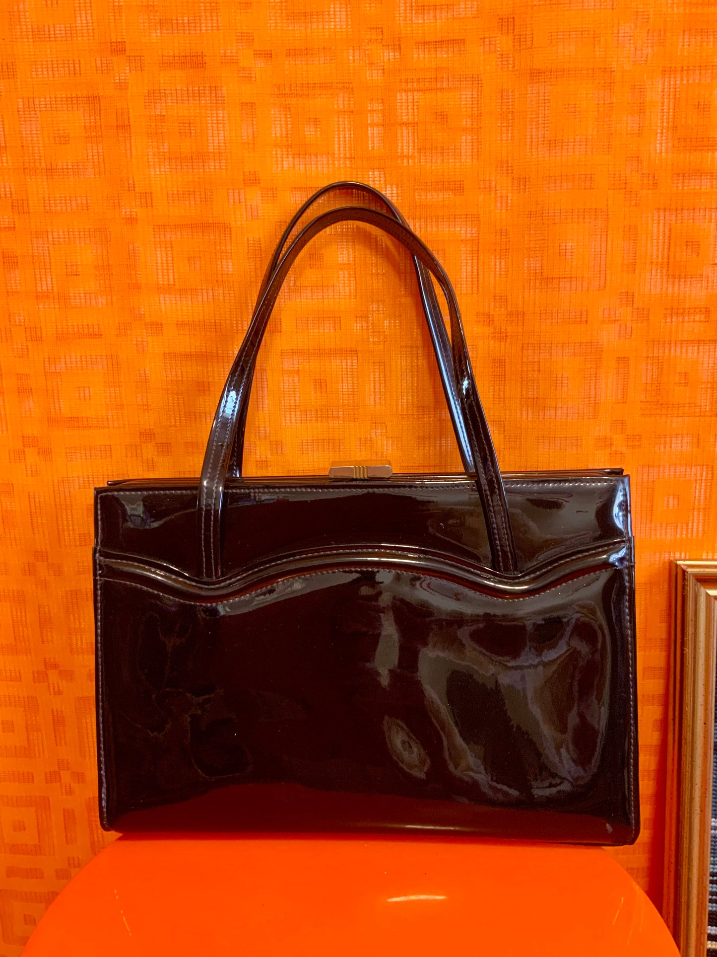 Grand sac à Main en Cuir Vernis noir Vintage Ancien 1950/60