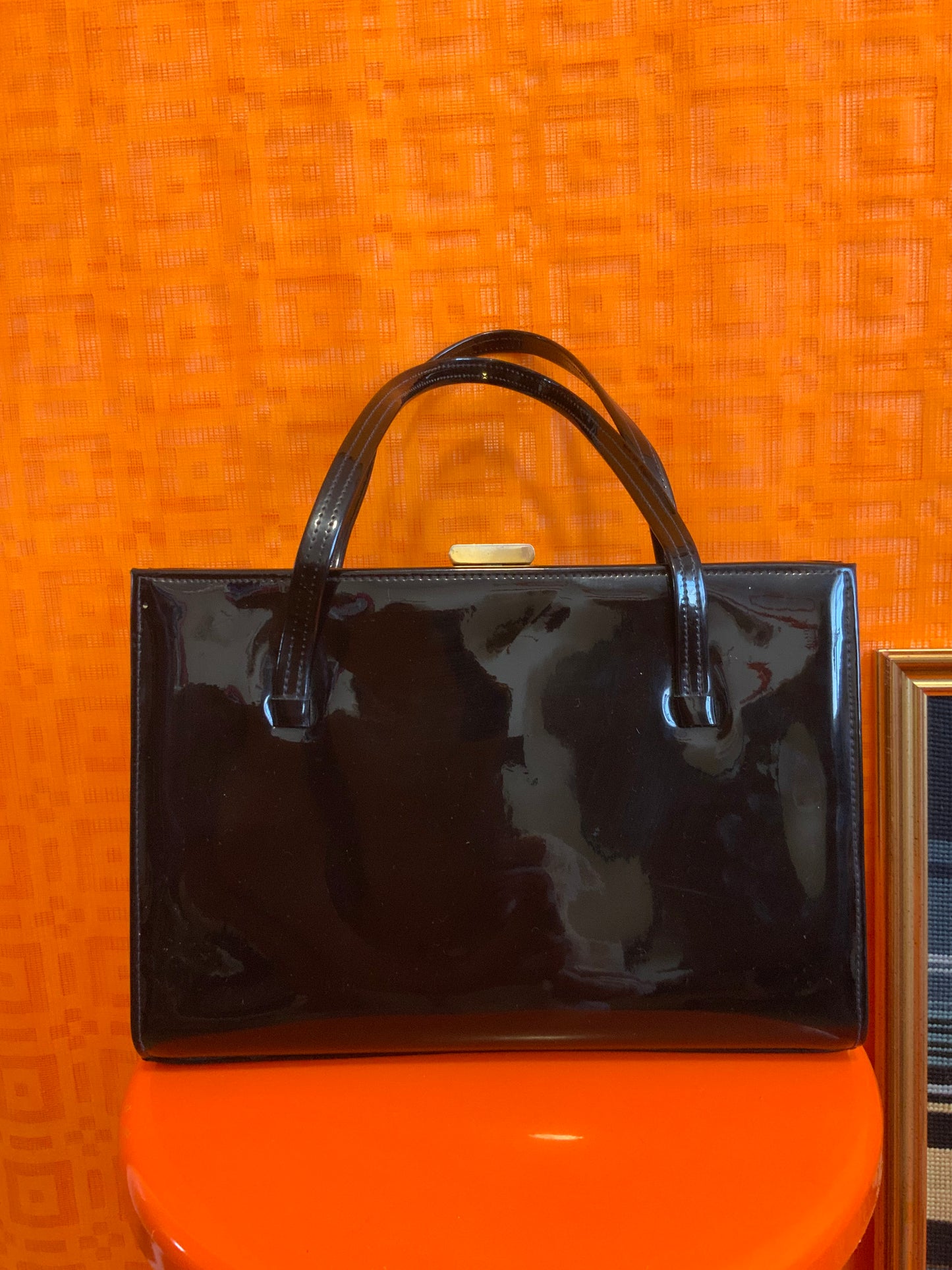 Grand sac à Main en Cuir Vernis noir Vintage Ancien 1950/60